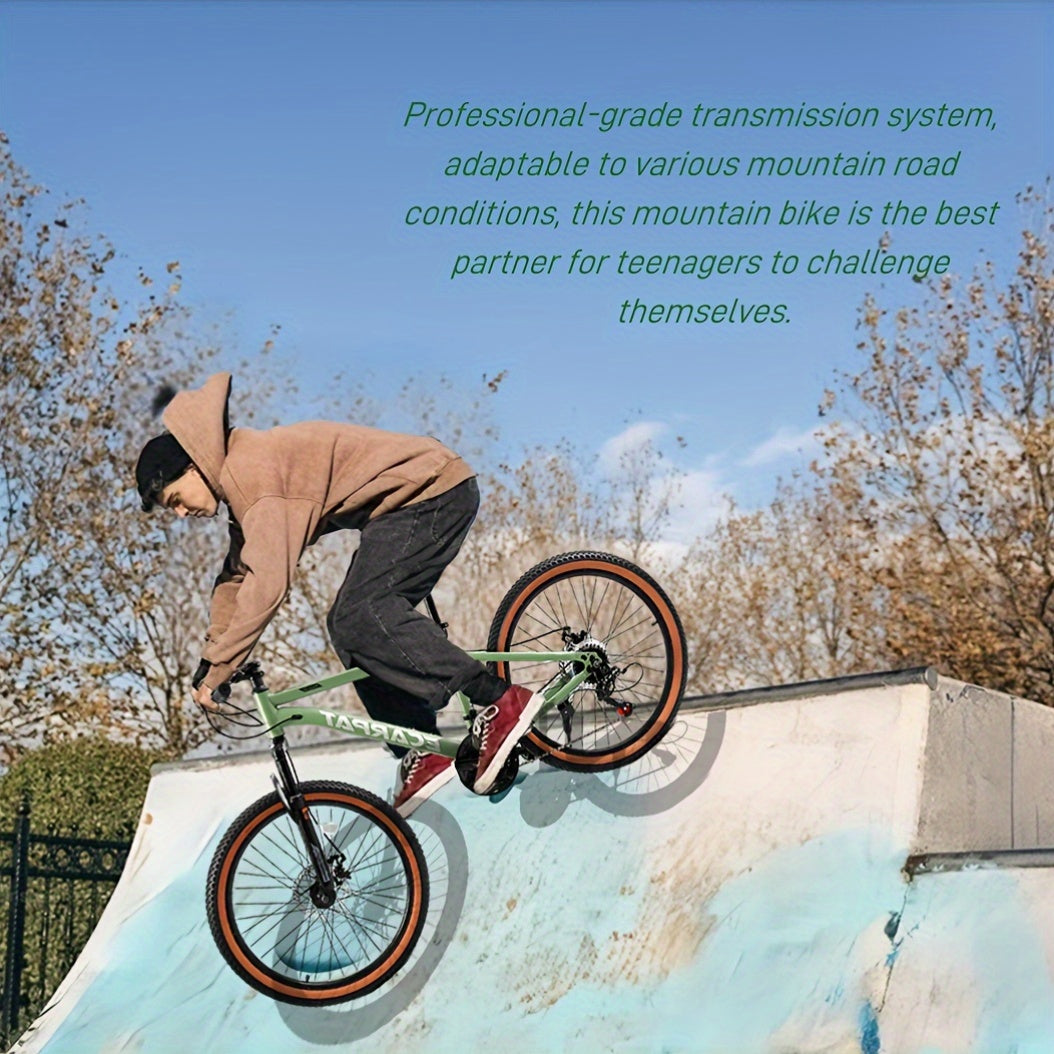 24-Inch Wheel Mountain Bike with 21 Speeds, Featuring Disc Brakes And a Thumb Shifter, Suitable for Men And Women for Trail, Commuting, And Various Terrains Including Snow And Beach, in Green Color