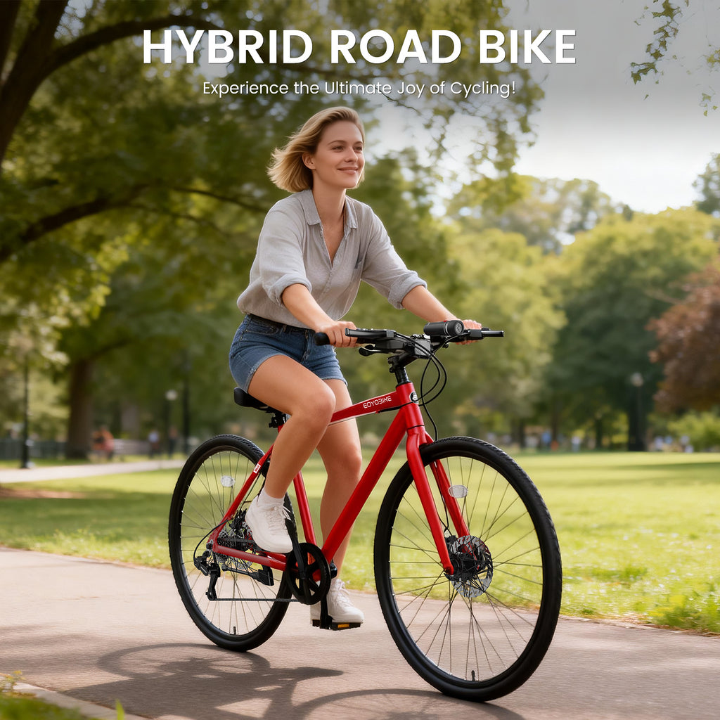 Hybrid Bike for Adults, 700C City Commuter Bicycle with Lightweight Aluminum Frame, 8-Speed Urban Fitness Road Bike for Men & Women, Dual Disc Brakes, Front and Rear Reflectors, LED Headlight
