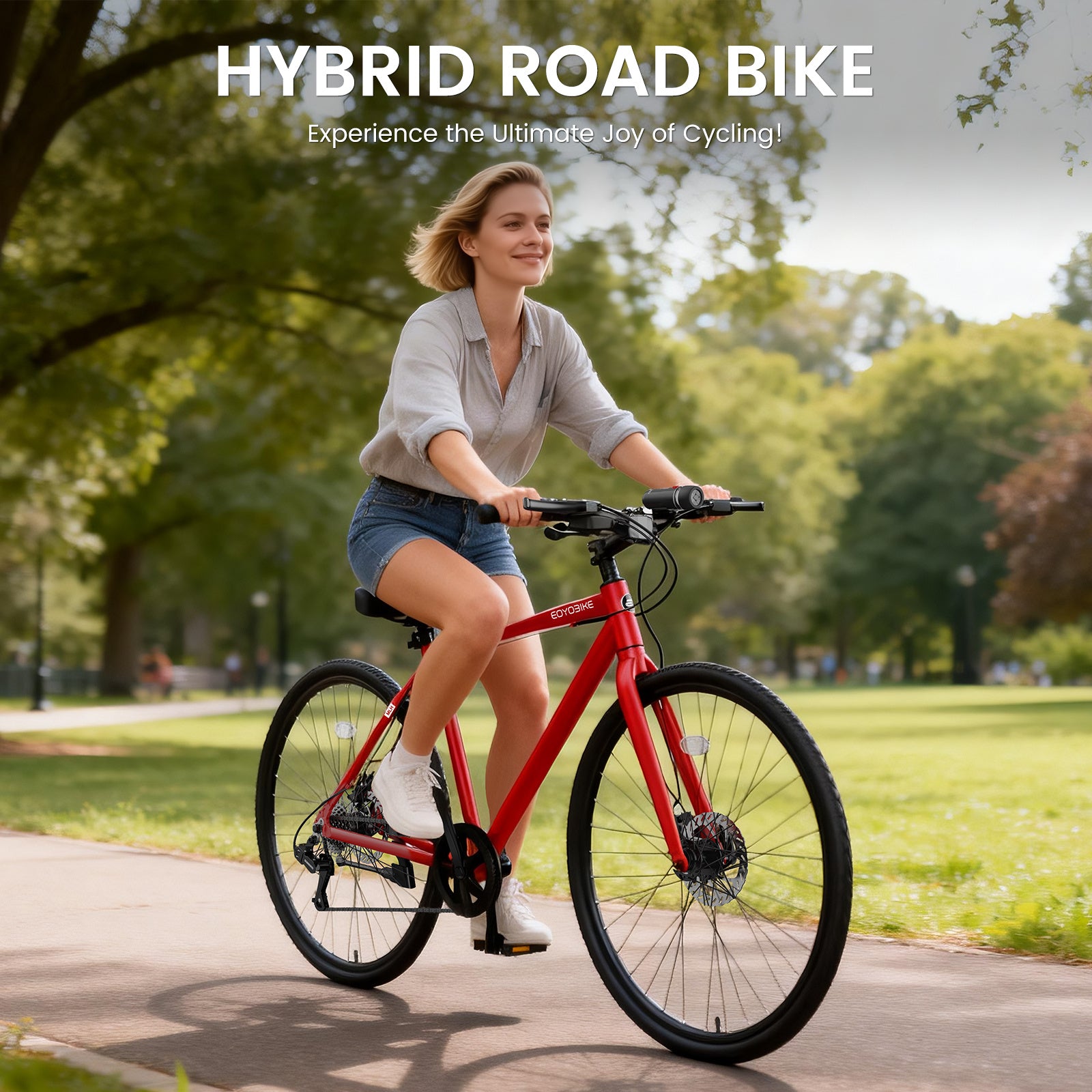 Hybrid Bike for Adults, 700C City Commuter Bicycle with Lightweight Aluminum Frame, 8-Speed Urban Fitness Road Bike for Men & Women, Dual Disc Brakes, Front and Rear Reflectors, LED Headlight