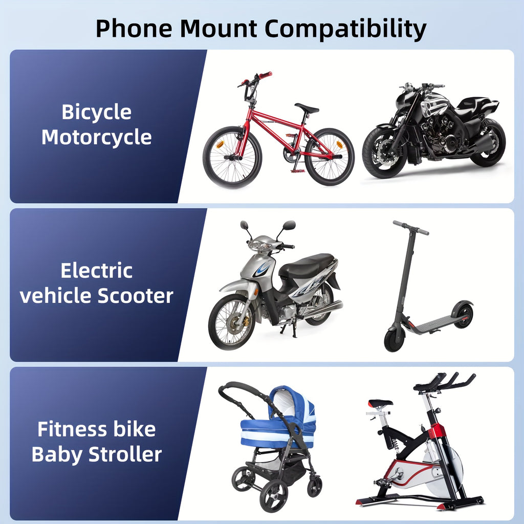 Upgraded Bike Phone Holder • Scooter Phone Holder • Motorcycle Phone Holder • Shockproof • One-Click Stable Locking • One-Hand Quick Release • 360° Rotatable • Matches 11.94-17.27cm Smartphones • For Electric Bicycles