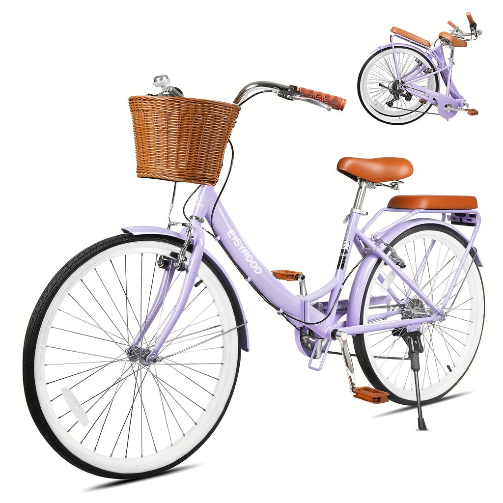 26-Inch Collapsible Beach Bicycle, Bicycle Featuring a Basket, 7-Speed Hybrid Commuter Bikes with Cushion, V-Brakes, Easy Assembly for Adults