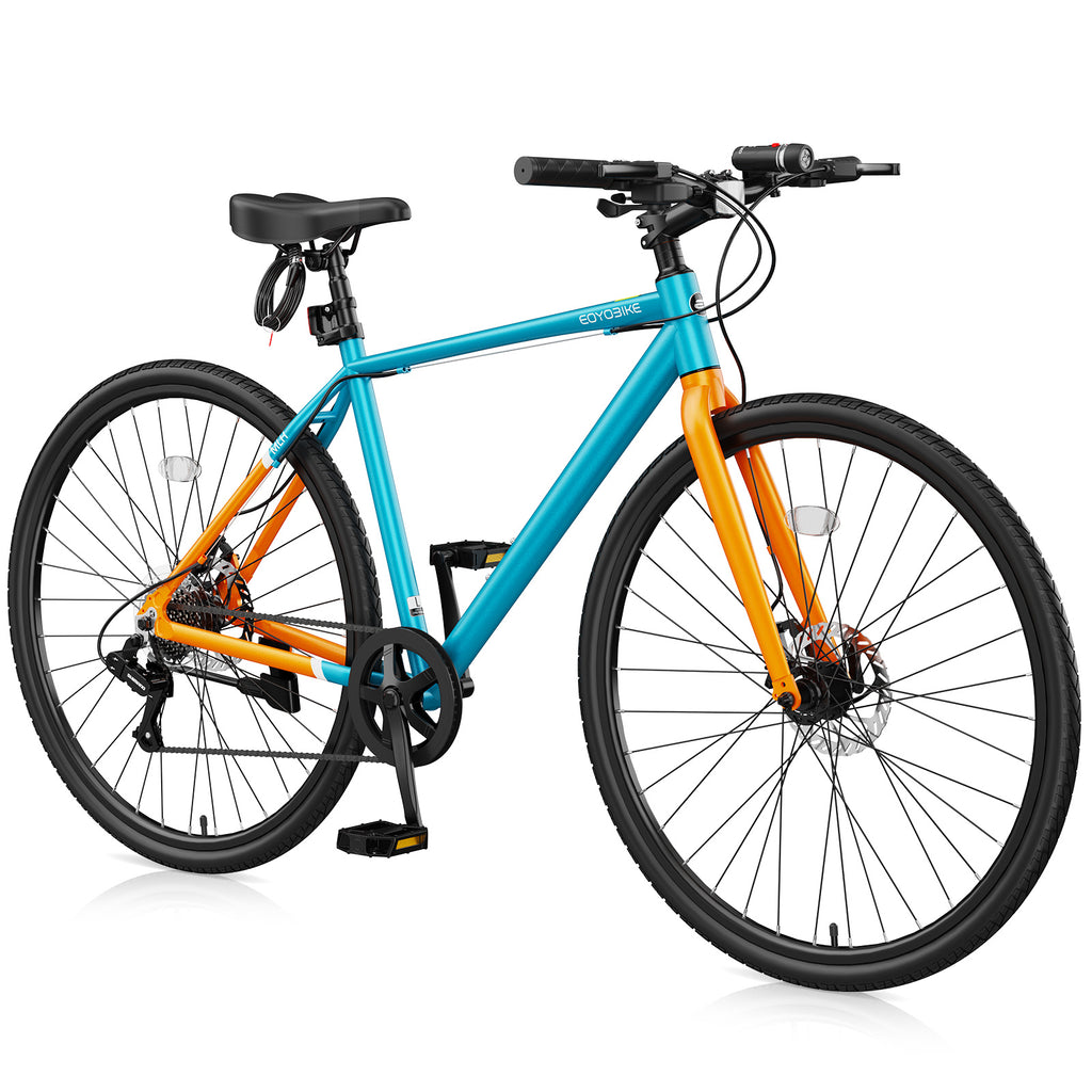 Hybrid Bike for Adults, 700C City Commuter Bicycle with Lightweight Aluminum Frame, 8-Speed Urban Fitness Road Bike for Men & Women, Dual Disc Brakes, Front and Rear Reflectors, LED Headlight