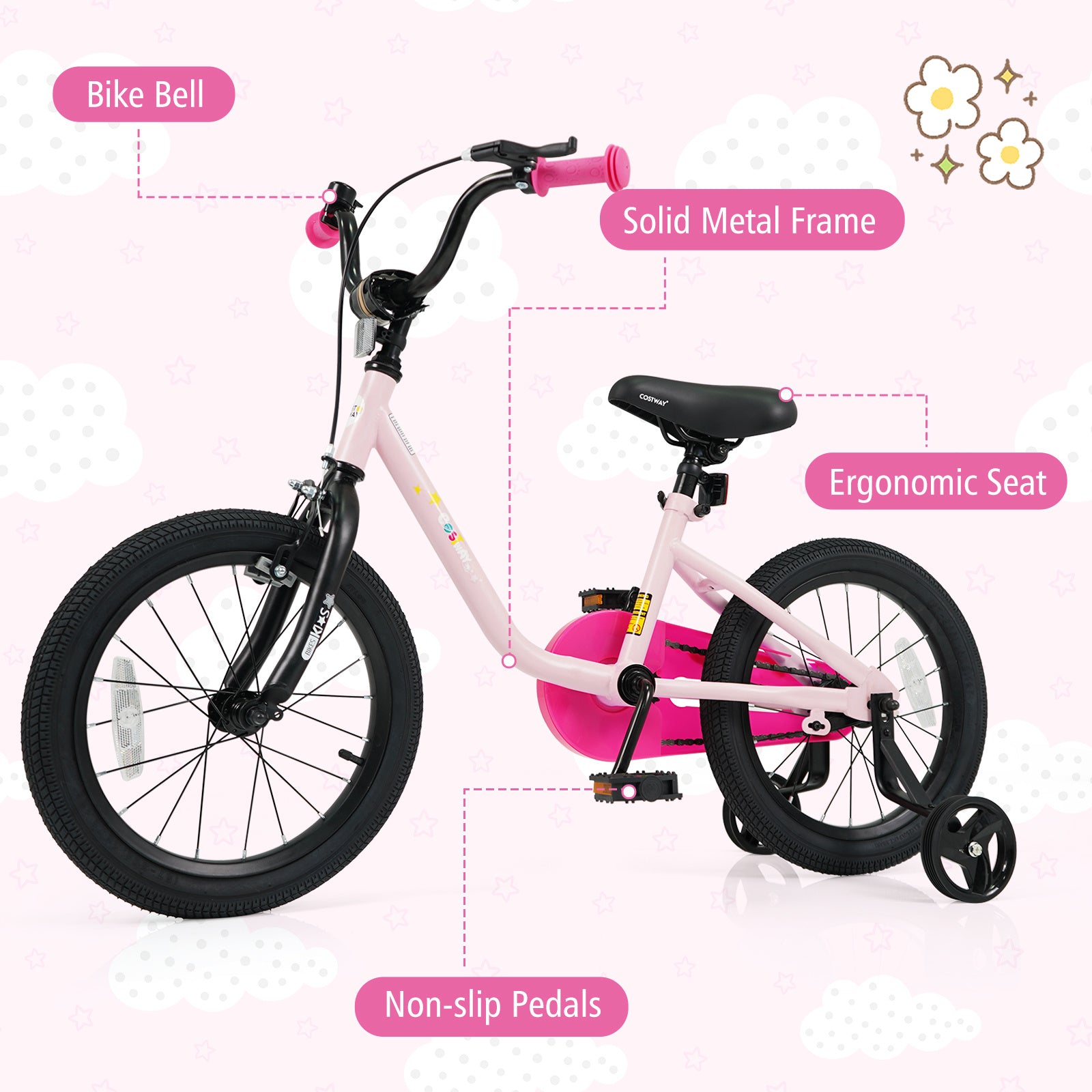 16-Inch Kids Bicycle, Children Training Bike with Adjustable Seat, Front Handbrake & Coaster Brake, Detachable Training Wheels, Safe Reflectors, Enclosed Chain Guard
