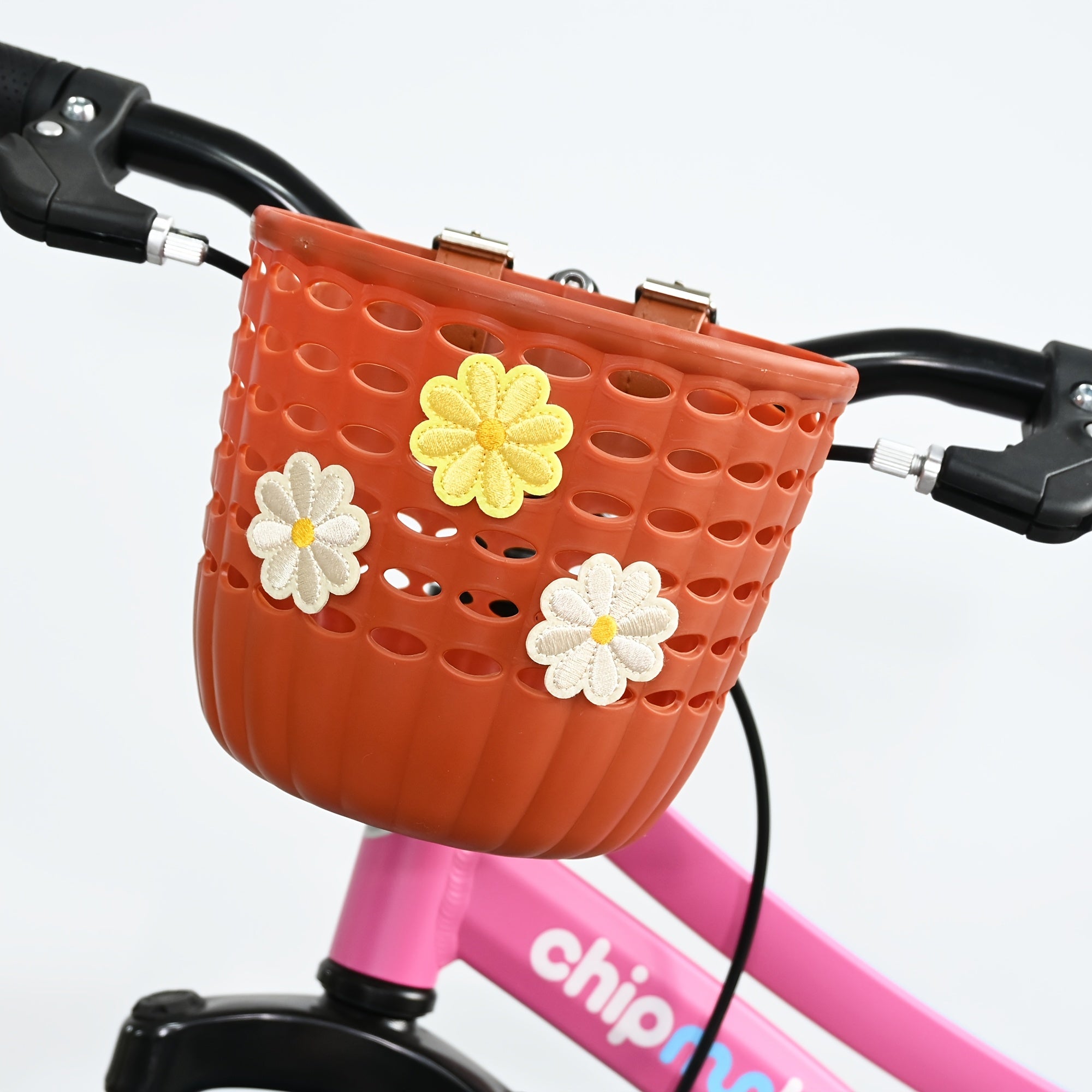 Plastic Front Basket for Bicycles, Secured with a Strap, Decorated with Flowers, Lightweight for Commuting, Suitable for Bicycles, Scooters, And Balance Bikes