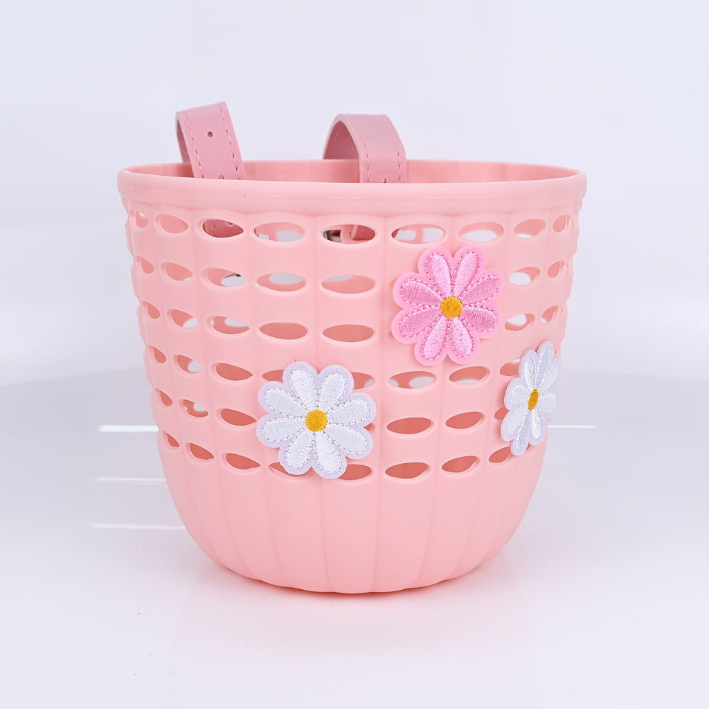 Plastic Front Basket for Bicycles, Secured with a Strap, Decorated with Flowers, Lightweight for Commuting, Suitable for Bicycles, Scooters, And Balance Bikes