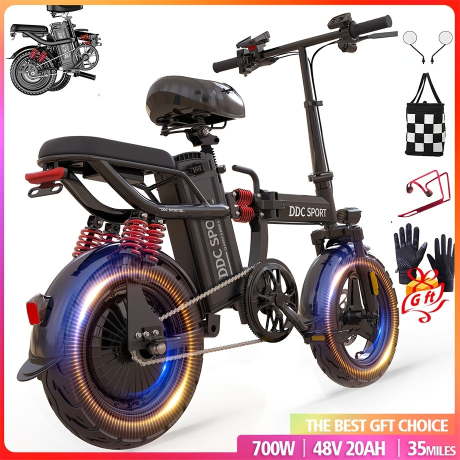 M1 PINK Foldable Electric Bike for Adults, 700W Peak Motor, 3-Step Folding Ebike with 48V\u002F20Ah Removable Battery, 20MPH Speed, 35 Range, 14\