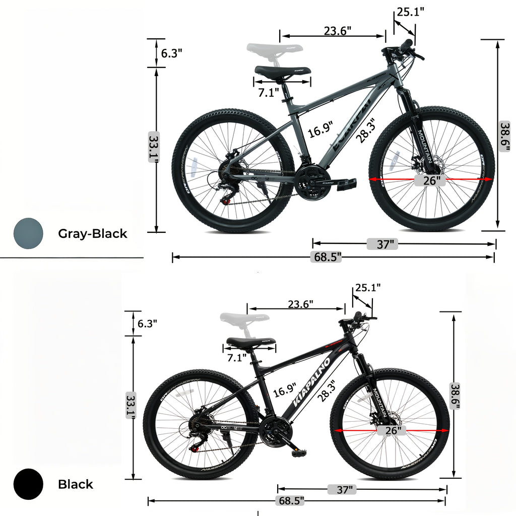 Grey-black, Blue, Black, White 26-inch All-terrain Mountain Bike, Equipped with a 21-speed Transmission System and Disc Brakes. Suitable for Both Men and Women, It Is an Ideal Choice for Mountain Biking and Long-distance Cycling. Available in Four