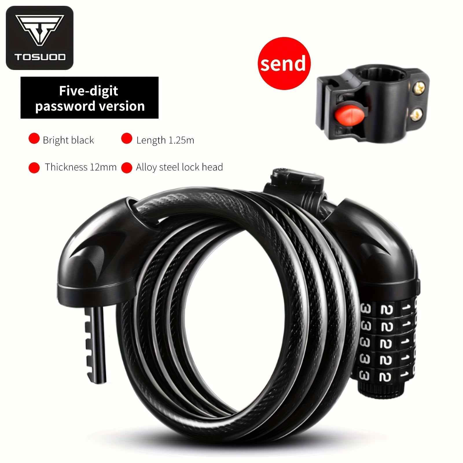 Heavy Duty Bike Chain Lock TOSUOD 5-Digit Combination Bike Lock | Heavy Duty, Anti-Theft Coiled Cable, 125cm\u002F150cm Chain, 4 Colors (Black\u002FRed\u002FGreen\u002FWhite) - Spiral Wire for E, Motorcycles, Scooters