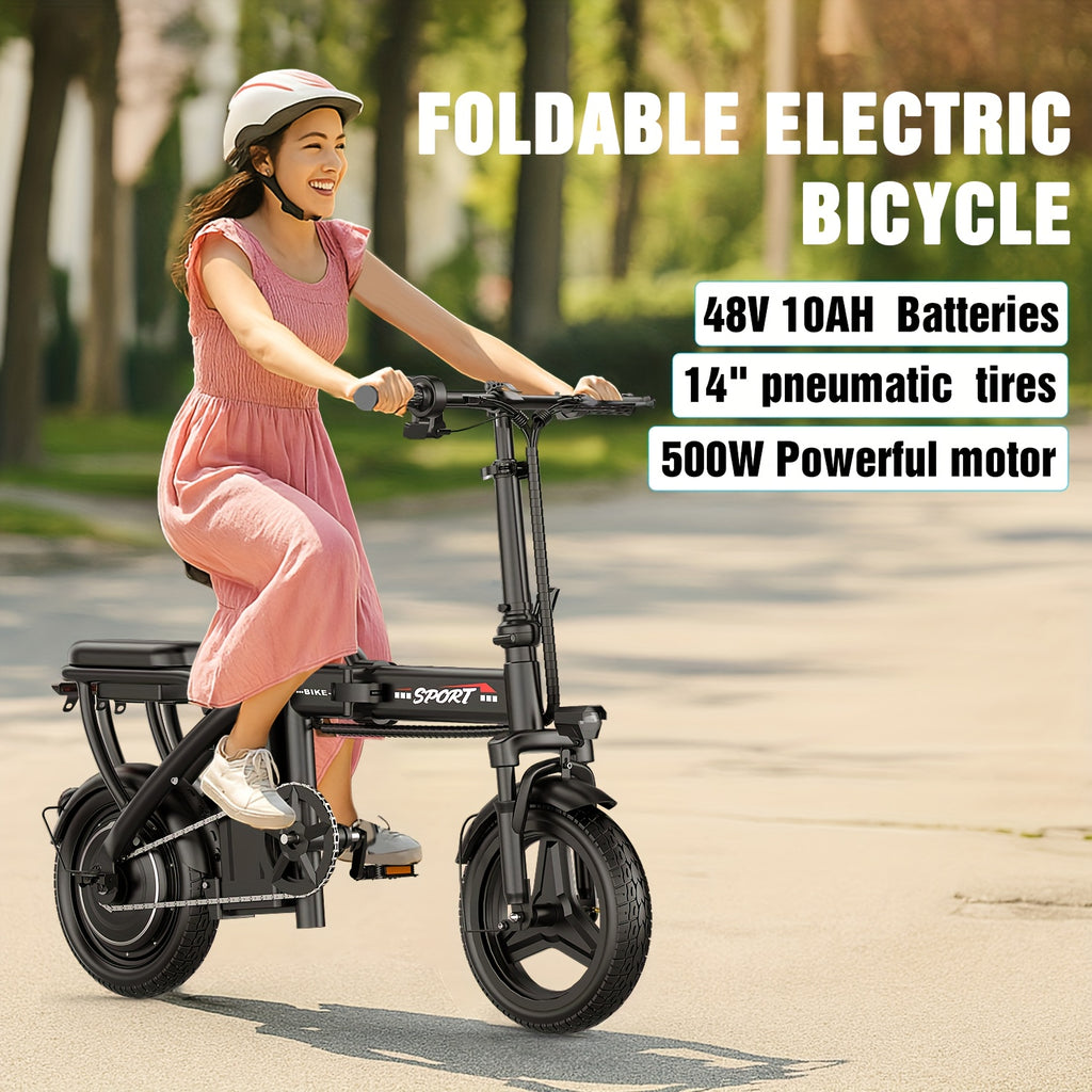 Folding Electric Bicycle, Peak Power 500 Watts, 20 Miles\u002F Per Hour Brushless Motor, 14-inch Tires, 48-volt 10 Ampere-hour Detachable Battery, Adult Electric Bicycle, Electric Bicycle, Suitable For Urban Commuting, Is The Best Choice For A Gift.