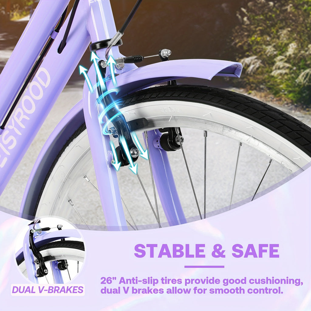 26-Inch Urban Beach Bicycle, Bicycle with Basket, 7-Speed Hybrid Commuter Bike Featuring Cushioning, V-Brakes, Quick Mount for Adults