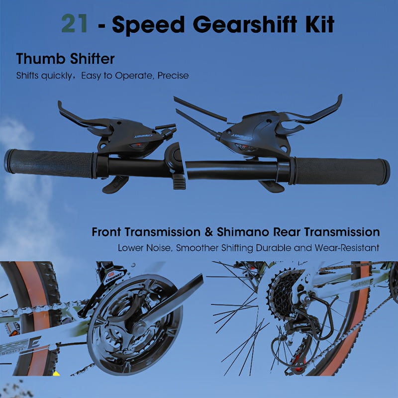 24-Inch Wheel Mountain Bike with 21 Speeds, Featuring Disc Brakes And a Thumb Shifter, Suitable for Men And Women for Trail, Commuting, And Various Terrains Including Snow And Beach, in Green Color