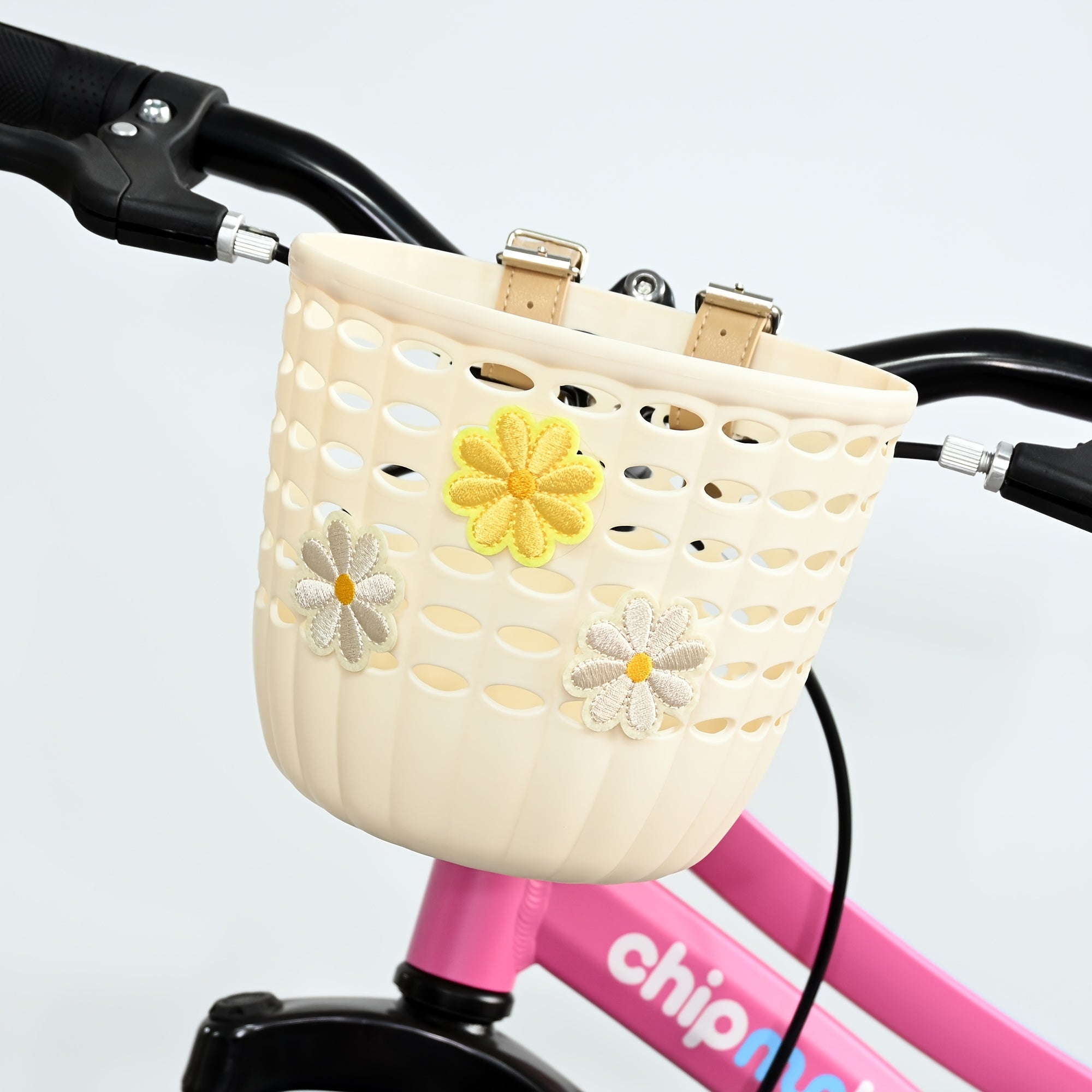 Plastic Front Basket for Bicycles, Secured with a Strap, Decorated with Flowers, Lightweight for Commuting, Suitable for Bicycles, Scooters, And Balance Bikes