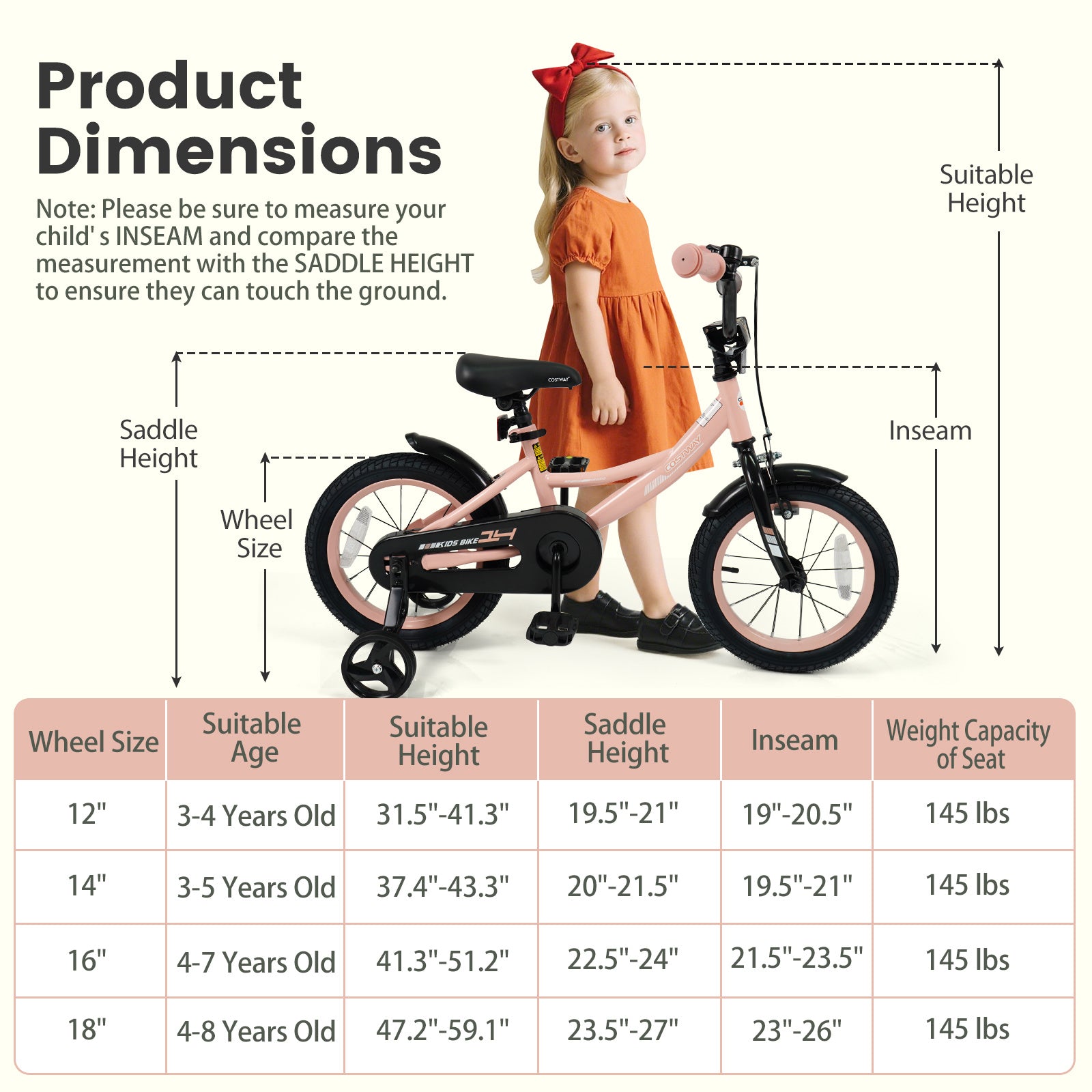 Kids Bike, 14 Inch Toddler Bicycle with Training Wheels, Dual Brakes, Adjustable Seat & Handlebar Height, Baby & Big Girl\u002F Boy Bike for 3-8 Years Olds