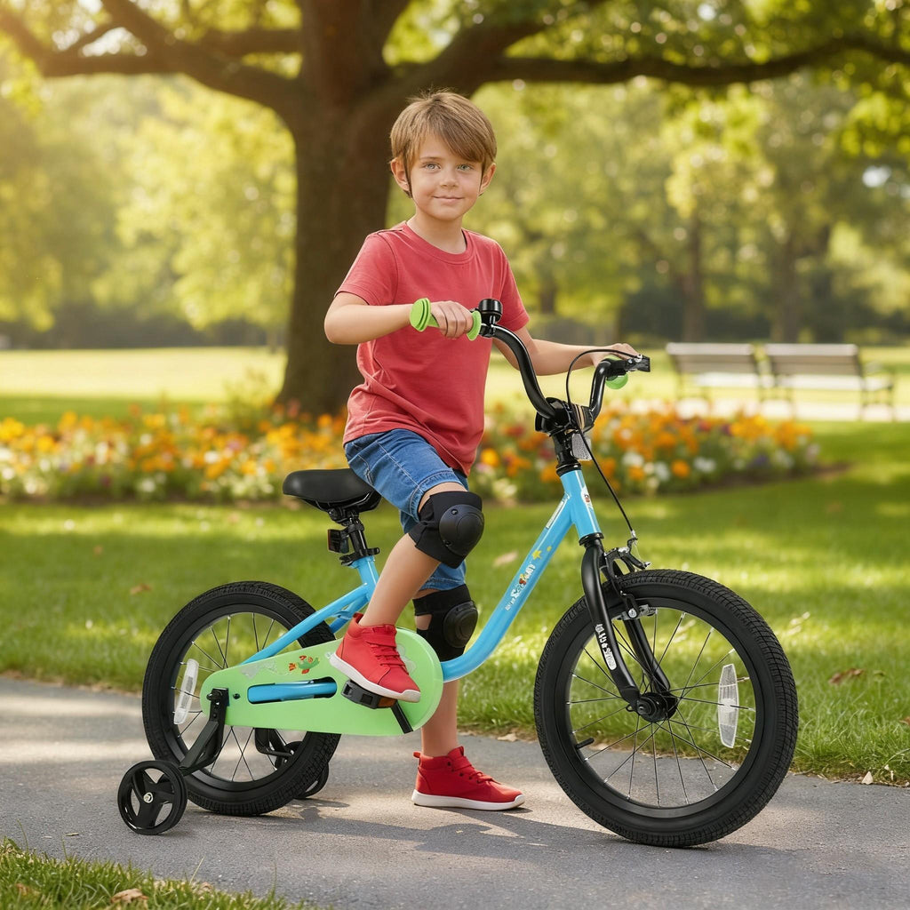 16-Inch Kids Bicycle, Children Training Bike with Adjustable Seat, Front Handbrake & Coaster Brake, Detachable Training Wheels, Safe Reflectors, Enclosed Chain Guard