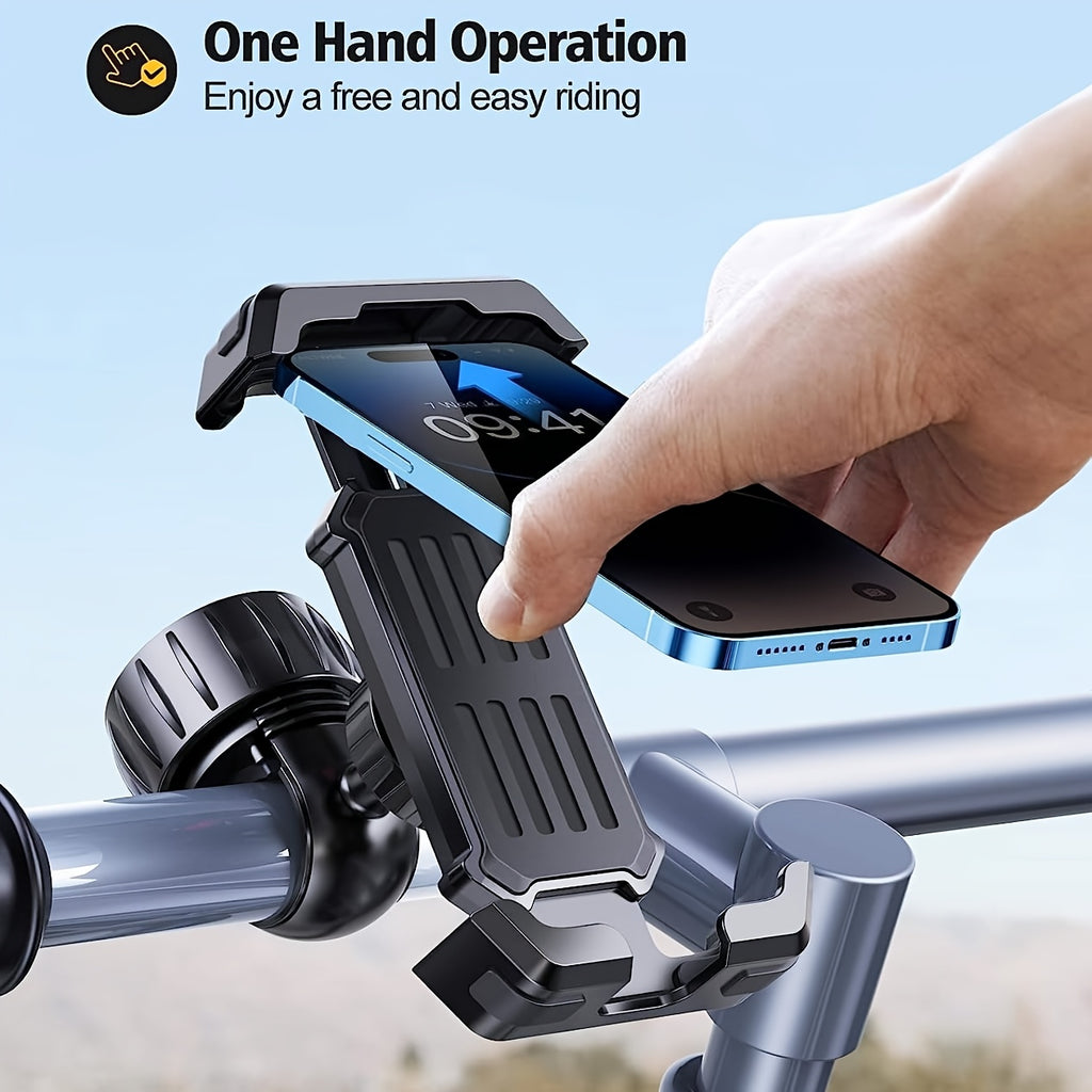Upgraded Bike Phone Holder • Scooter Phone Holder • Motorcycle Phone Holder • Shockproof • One-Click Stable Locking • One-Hand Quick Release • 360° Rotatable • Matches 11.94-17.27cm Smartphones • For Electric Bicycles