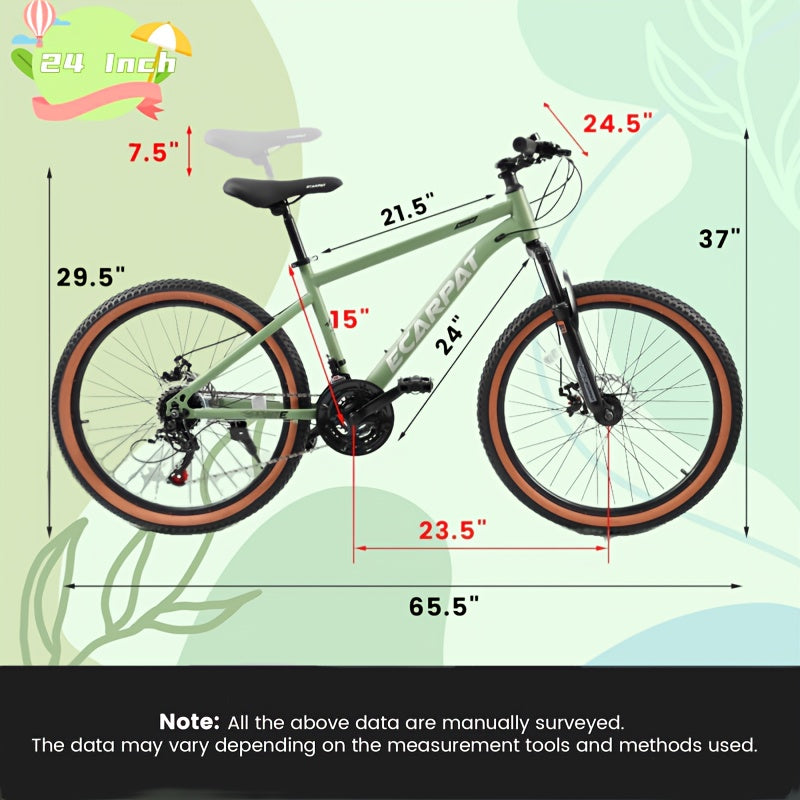 24-Inch Wheel Mountain Bike with 21 Speeds, Featuring Disc Brakes And a Thumb Shifter, Suitable for Men And Women for Trail, Commuting, And Various Terrains Including Snow And Beach, in Green Color