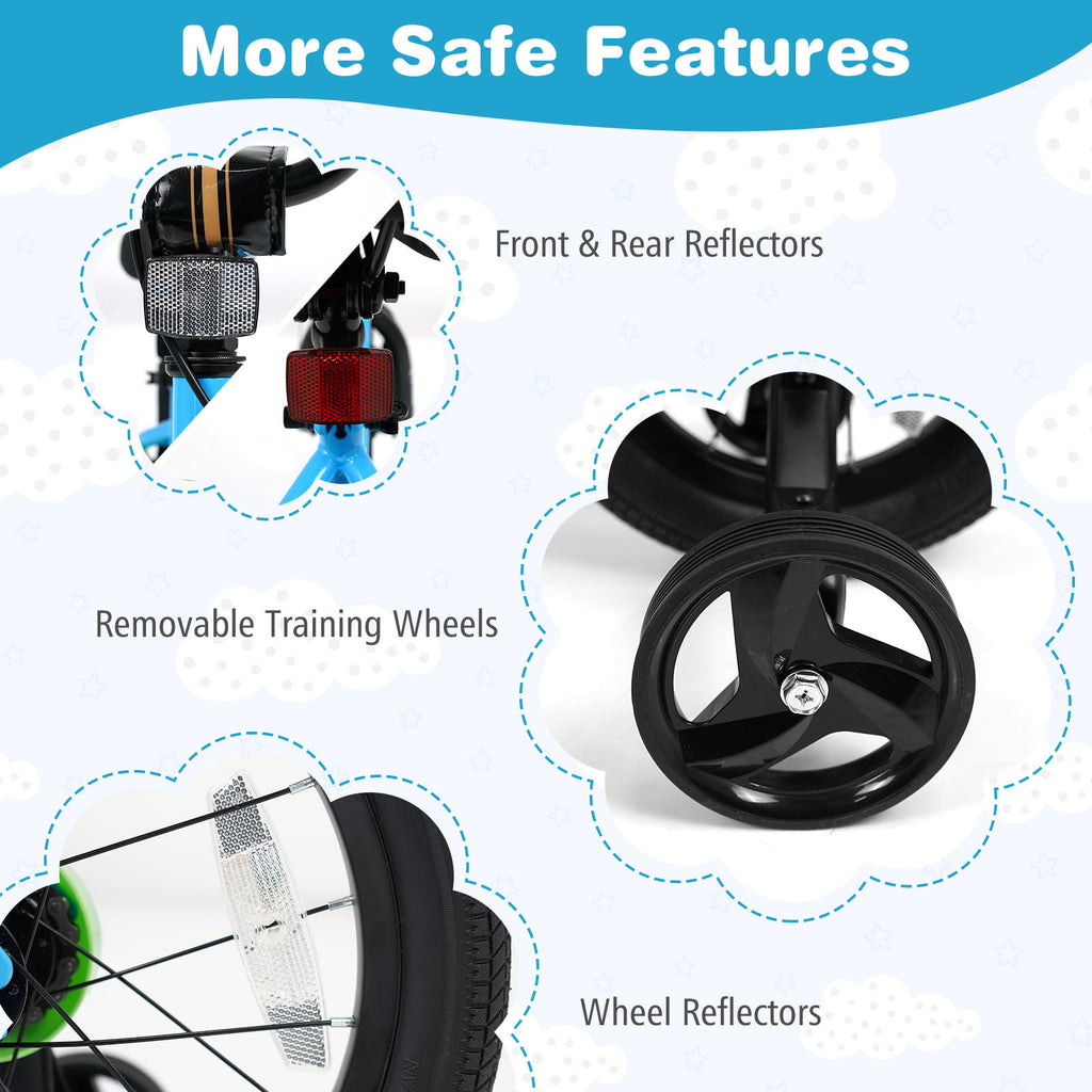 16-Inch Kids Bicycle, Children Training Bike with Adjustable Seat, Front Handbrake & Coaster Brake, Detachable Training Wheels, Safe Reflectors, Enclosed Chain Guard