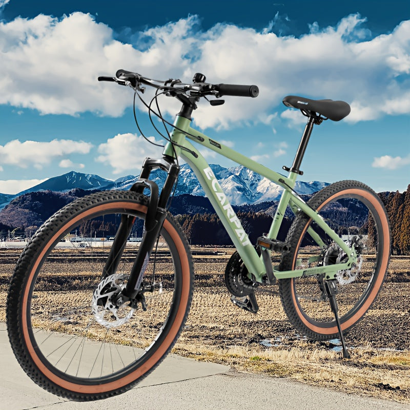 24-Inch Wheel Mountain Bike with 21 Speeds, Featuring Disc Brakes And a Thumb Shifter, Suitable for Men And Women for Trail, Commuting, And Various Terrains Including Snow And Beach, in Green Color
