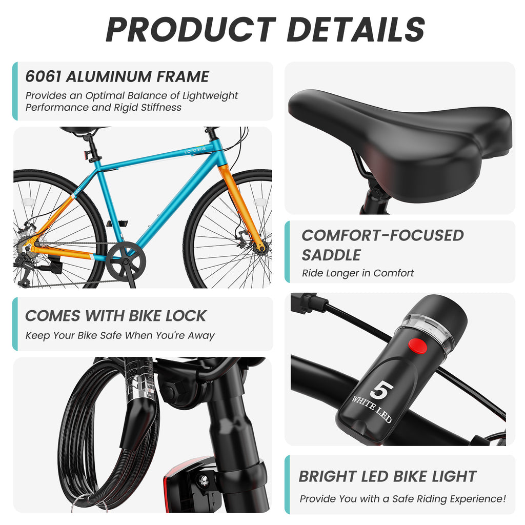 Hybrid Bike for Adults, 700C City Commuter Bicycle with Lightweight Aluminum Frame, 8-Speed Urban Fitness Road Bike for Men & Women, Dual Disc Brakes, Front and Rear Reflectors, LED Headlight
