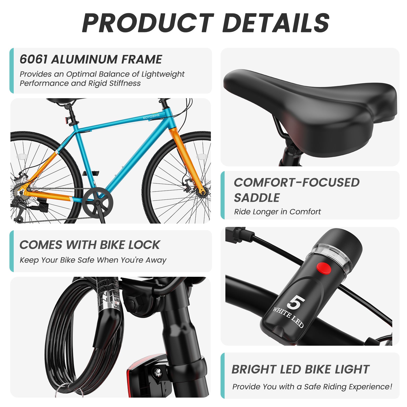 Hybrid Bike for Adults, 700C City Commuter Bicycle with Lightweight Aluminum Frame, 8-Speed Urban Fitness Road Bike for Men & Women, Dual Disc Brakes, Front and Rear Reflectors, LED Headlight