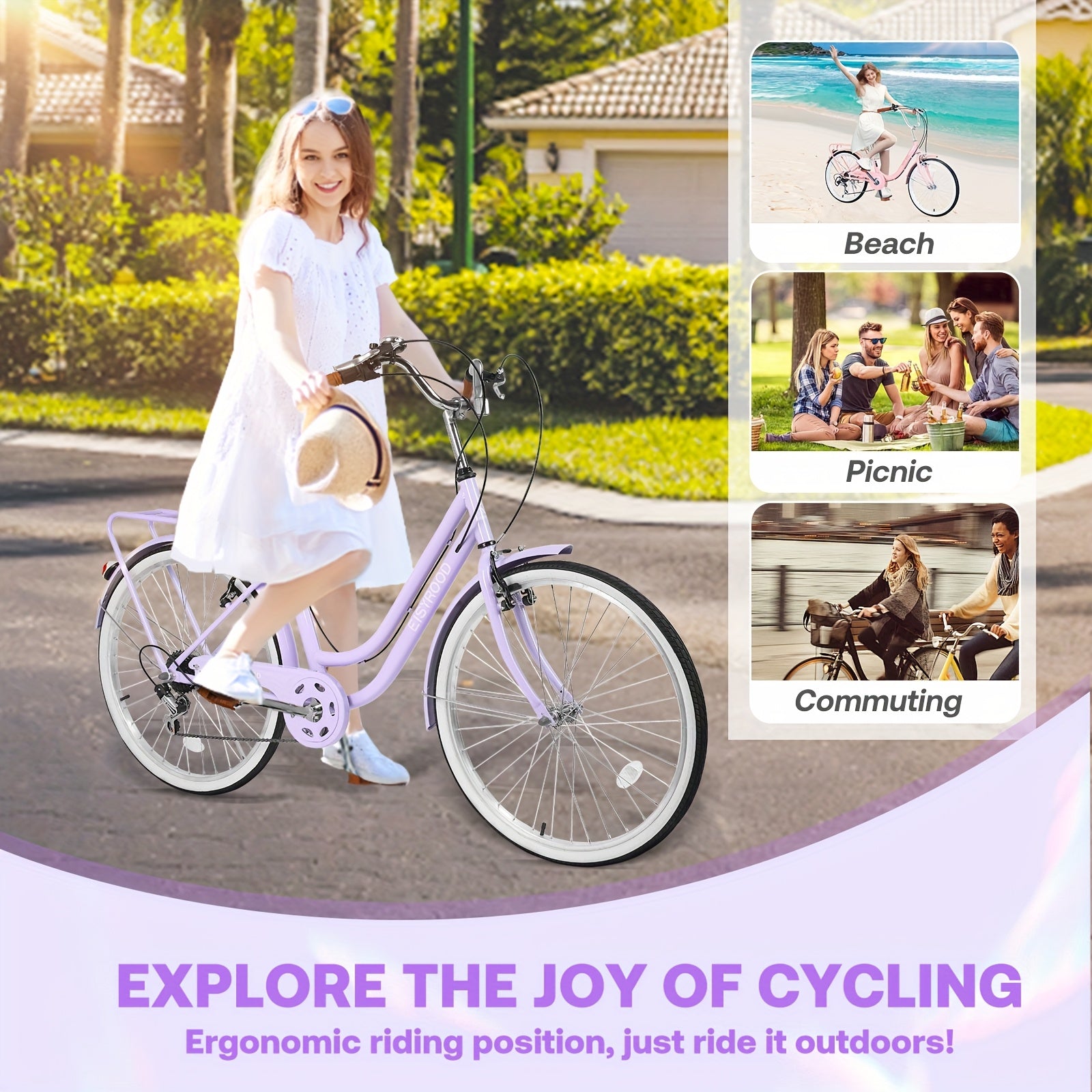 26-Inch Urban Beach Bicycle, Bicycle with Basket, 7-Speed Hybrid Commuter Bike Featuring Cushioning, V-Brakes, Quick Mount for Adults