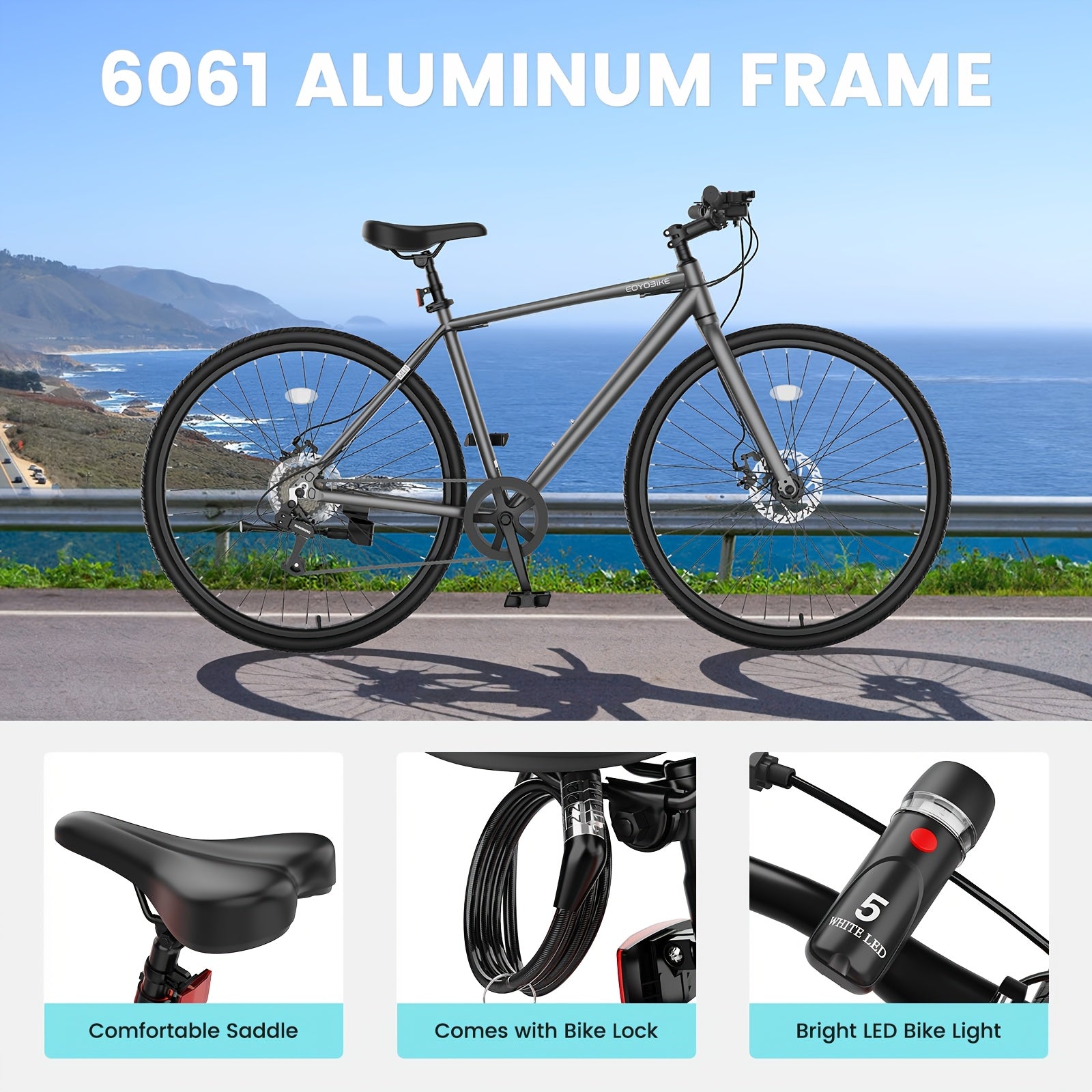 1 700C Hybrid Bike for Adults | Aluminum Frame Step-Over Bicycle, 8-Speed Vintage Retro Road Bike, Disc Brakes, Urban Style, Multiple Colors, Includes Lock - MOPHOTO