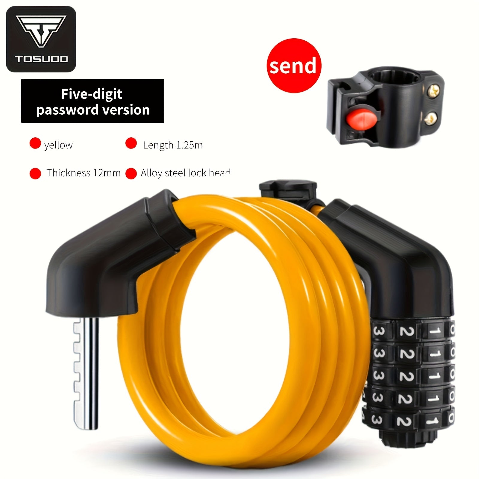 Heavy Duty Bike Chain Lock TOSUOD 5-Digit Combination Bike Lock | Heavy Duty, Anti-Theft Coiled Cable, 125cm\u002F150cm Chain, 4 Colors (Black\u002FRed\u002FGreen\u002FWhite) - Spiral Wire for E, Motorcycles, Scooters