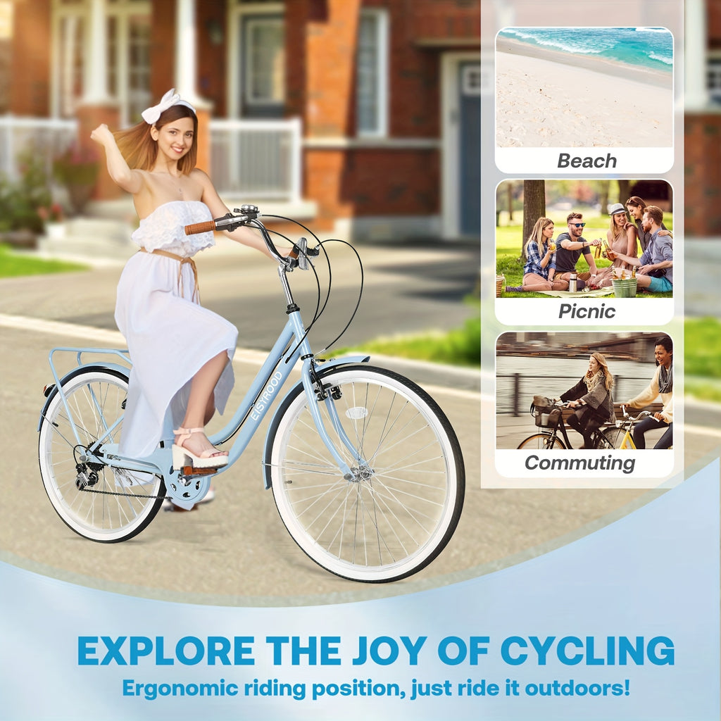 26-Inch Urban Beach Bicycle, Bicycle with Basket, 7-Speed Hybrid Commuter Bike Featuring Cushioning, V-Brakes, Quick Mount for Adults