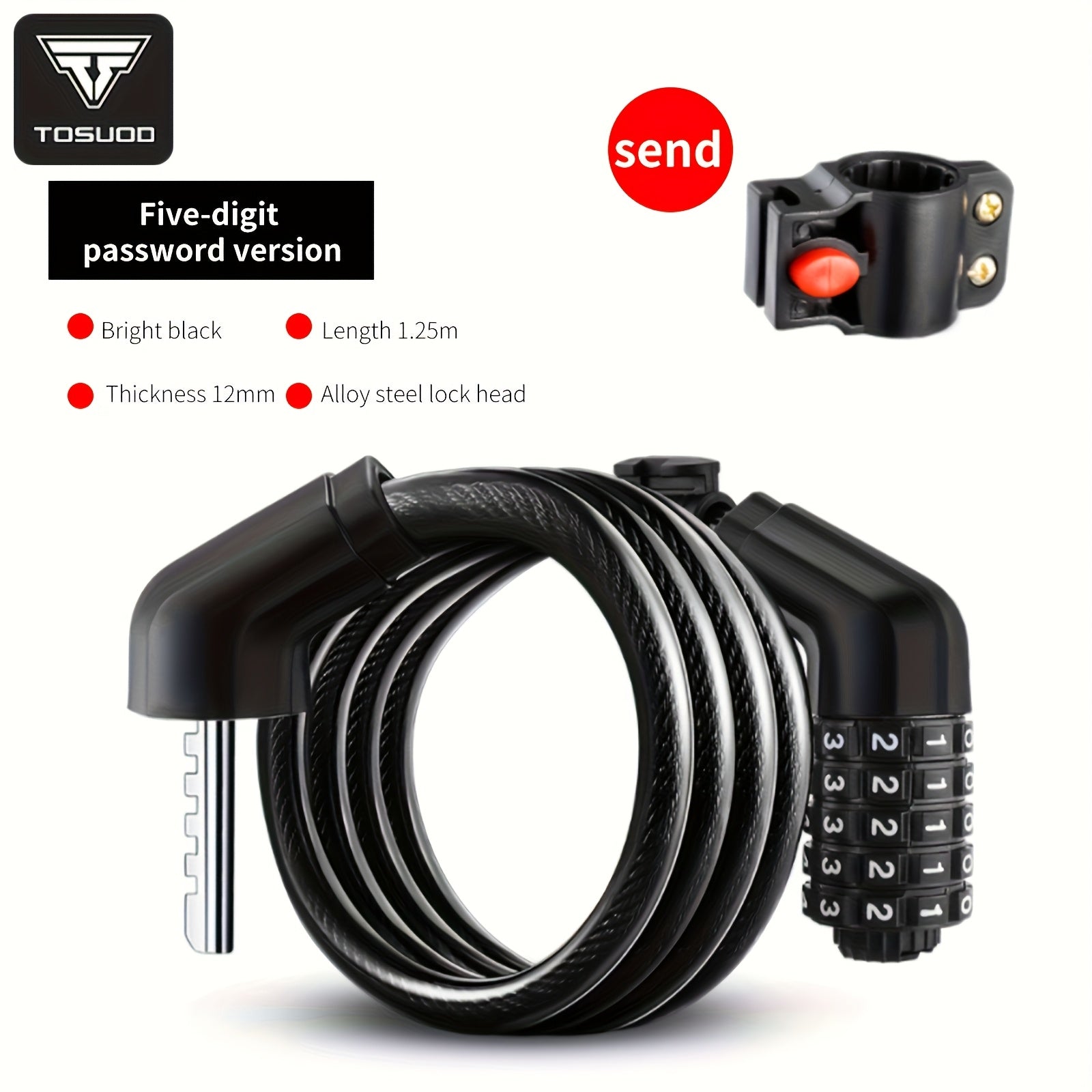Heavy Duty Bike Chain Lock TOSUOD 5-Digit Combination Bike Lock | Heavy Duty, Anti-Theft Coiled Cable, 125cm\u002F150cm Chain, 4 Colors (Black\u002FRed\u002FGreen\u002FWhite) - Spiral Wire for E, Motorcycles, Scooters