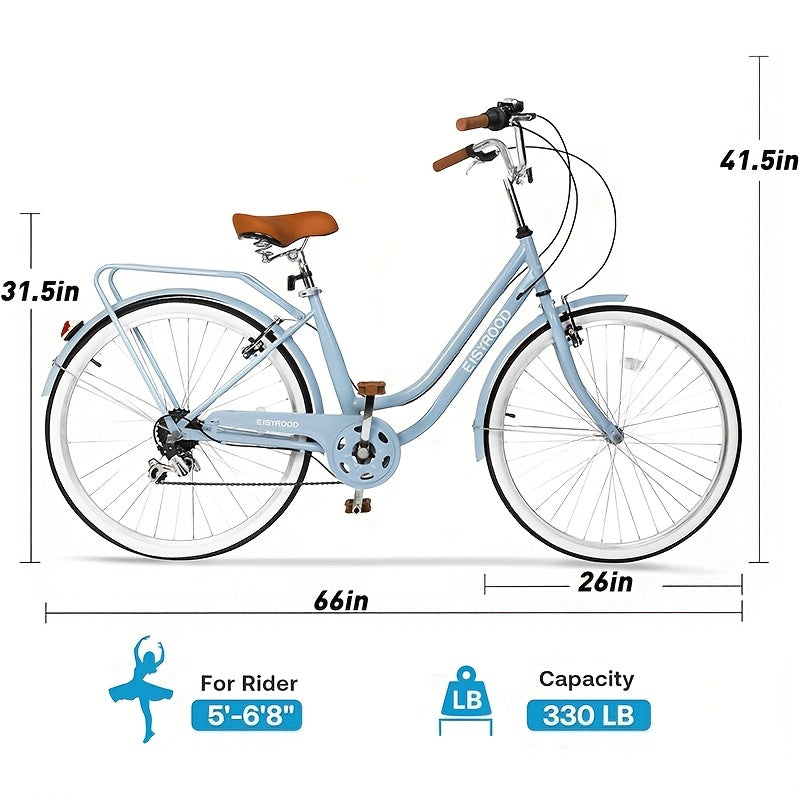 26-Inch Urban Beach Bicycle, Bicycle with Basket, 7-Speed Hybrid Commuter Bike Featuring Cushioning, V-Brakes, Quick Mount for Adults