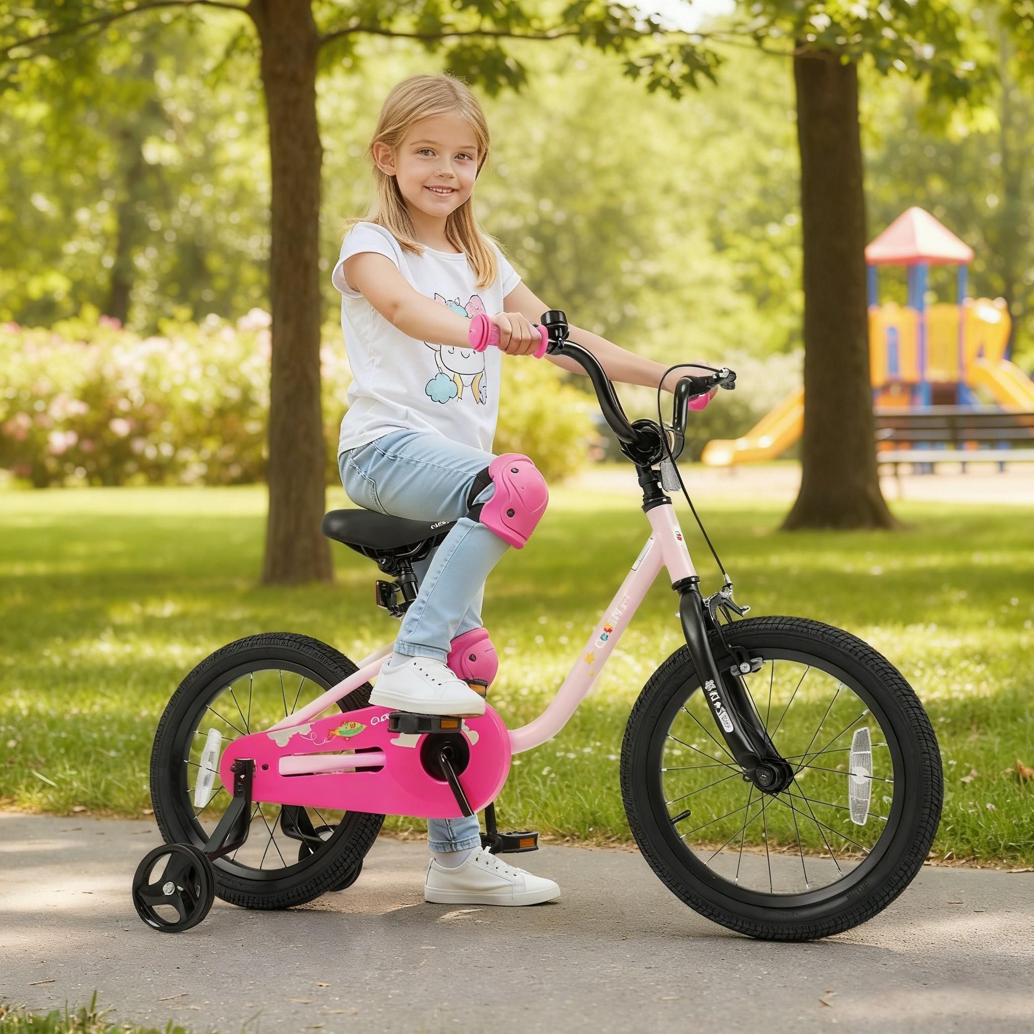 16-Inch Kids Bicycle, Children Training Bike with Adjustable Seat, Front Handbrake & Coaster Brake, Detachable Training Wheels, Safe Reflectors, Enclosed Chain Guard