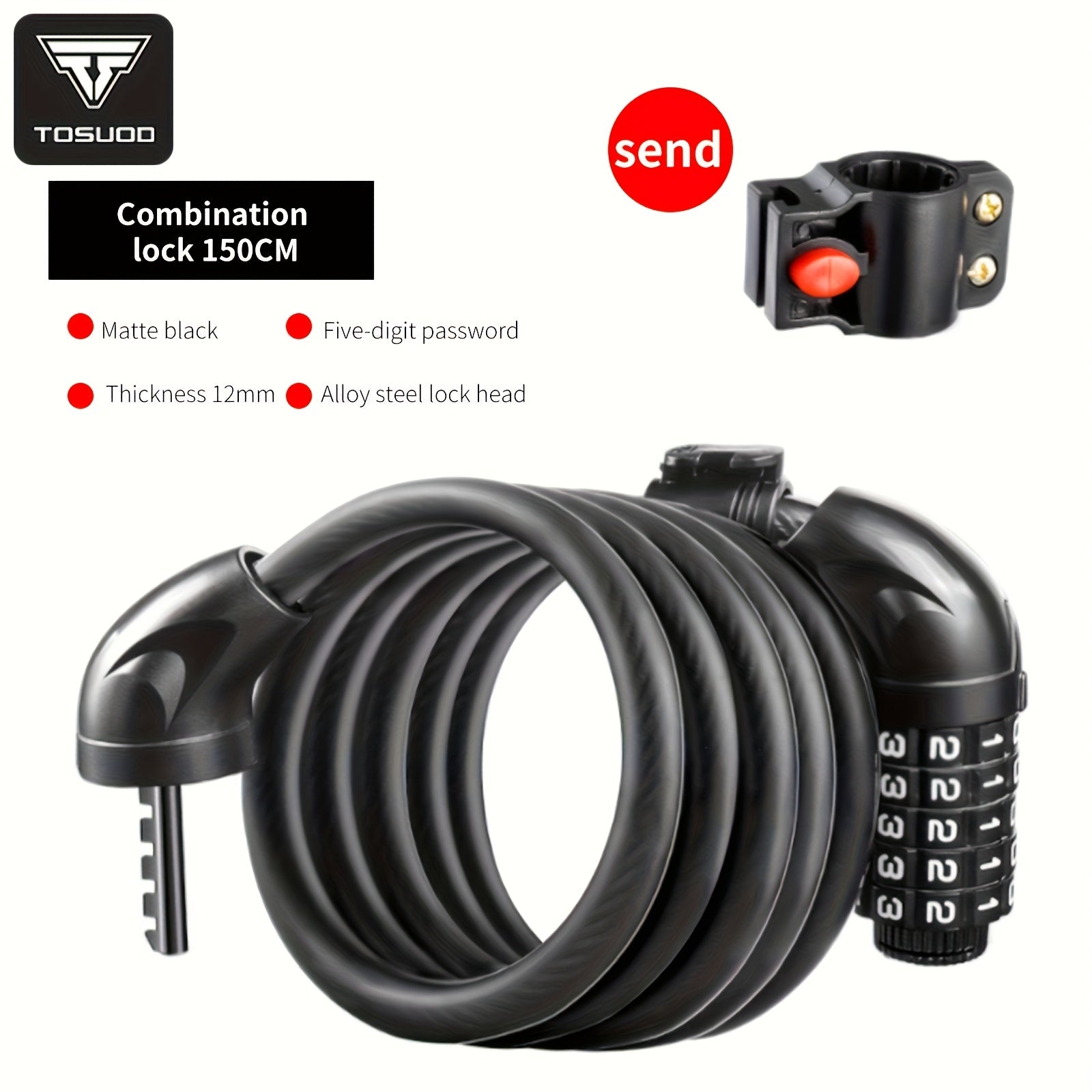 Heavy Duty Bike Chain Lock TOSUOD 5-Digit Combination Bike Lock | Heavy Duty, Anti-Theft Coiled Cable, 125cm\u002F150cm Chain, 4 Colors (Black\u002FRed\u002FGreen\u002FWhite) - Spiral Wire for E, Motorcycles, Scooters