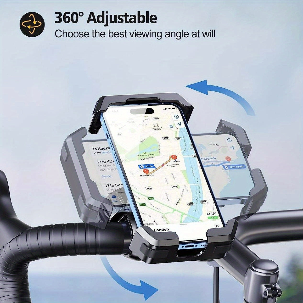 Upgraded Bike Phone Holder • Scooter Phone Holder • Motorcycle Phone Holder • Shockproof • One-Click Stable Locking • One-Hand Quick Release • 360° Rotatable • Matches 11.94-17.27cm Smartphones • For Electric Bicycles