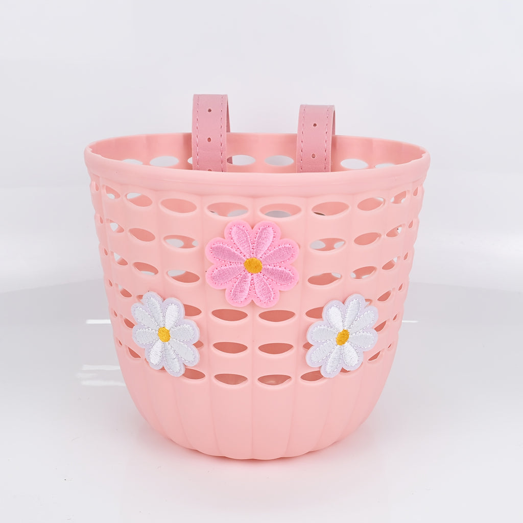 Plastic Front Basket for Bicycles, Secured with a Strap, Decorated with Flowers, Lightweight for Commuting, Suitable for Bicycles, Scooters, And Balance Bikes