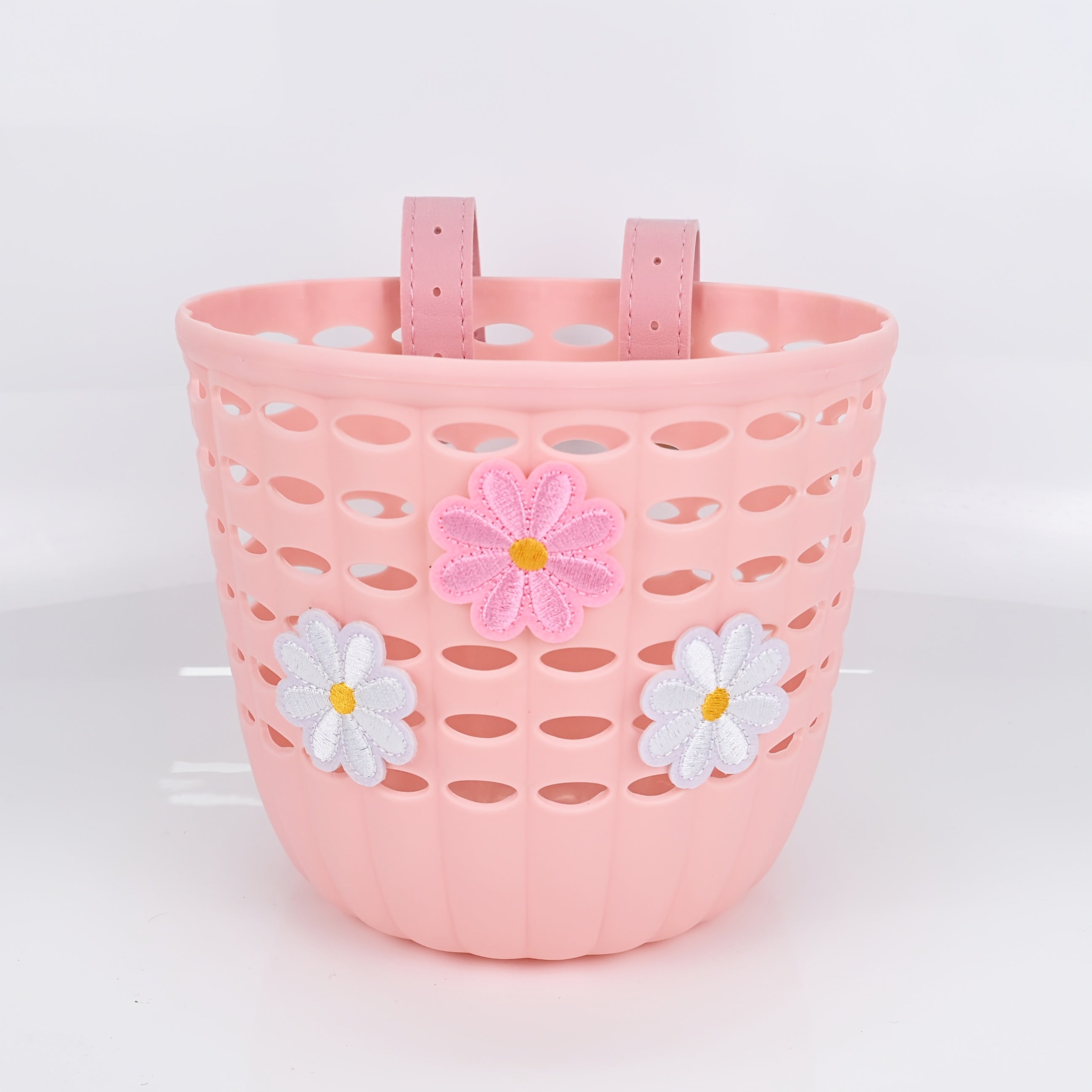 Plastic Front Basket for Bicycles, Secured with a Strap, Decorated with Flowers, Lightweight for Commuting, Suitable for Bicycles, Scooters, And Balance Bikes