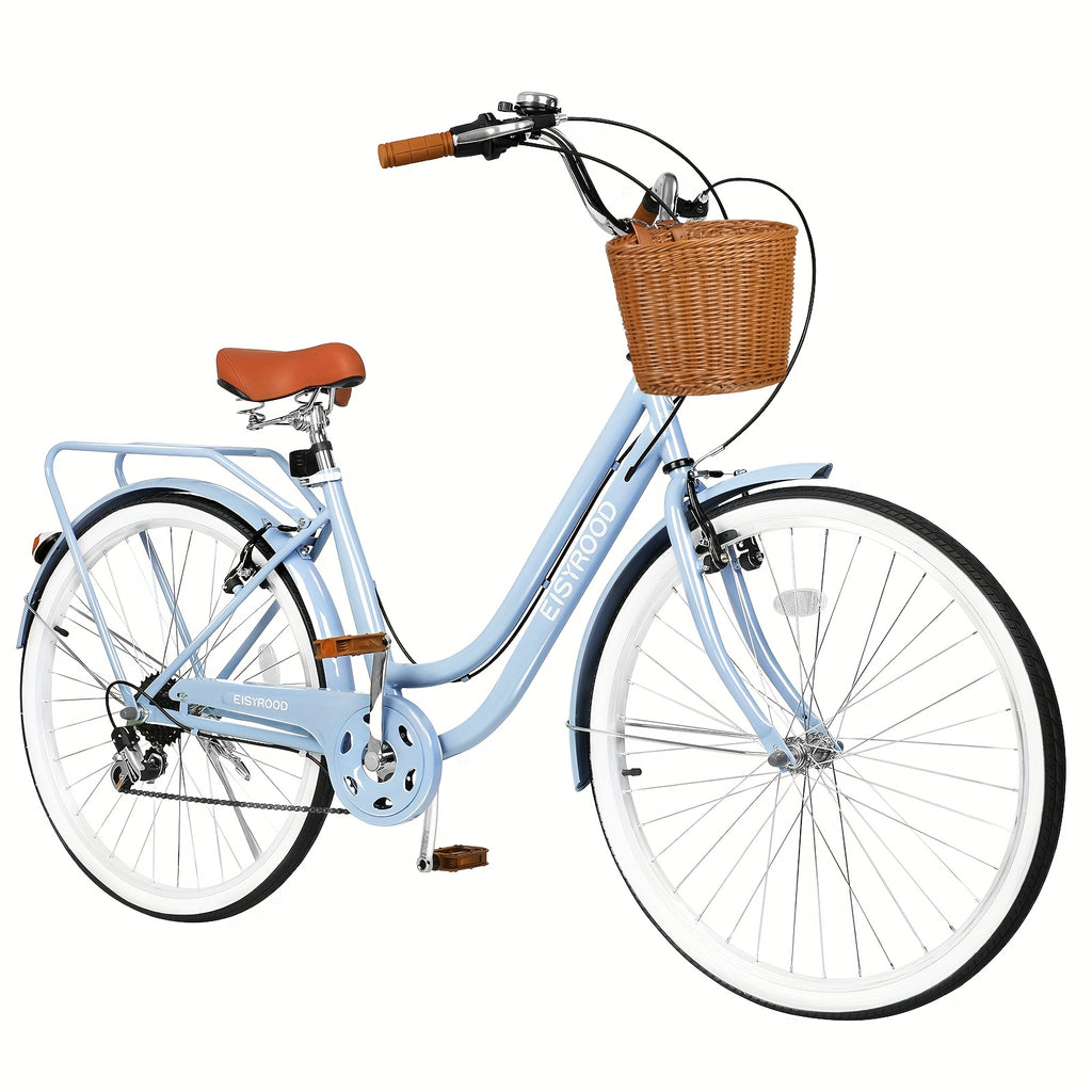 26-Inch Urban Beach Bicycle, Bicycle with Basket, 7-Speed Hybrid Commuter Bike Featuring Cushioning, V-Brakes, Quick Mount for Adults