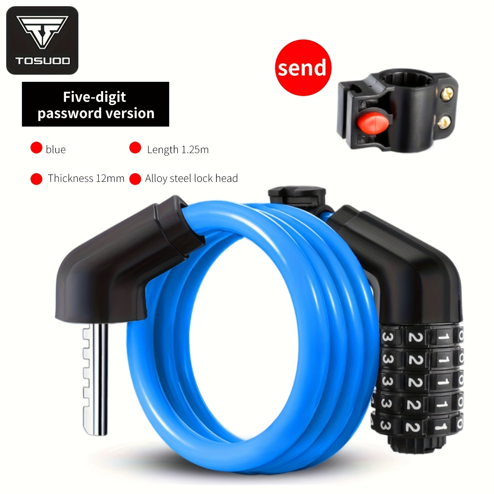 Heavy Duty Bike Chain Lock TOSUOD 5-Digit Combination Bike Lock | Heavy Duty, Anti-Theft Coiled Cable, 125cm\u002F150cm Chain, 4 Colors (Black\u002FRed\u002FGreen\u002FWhite) - Spiral Wire for E, Motorcycles, Scooters