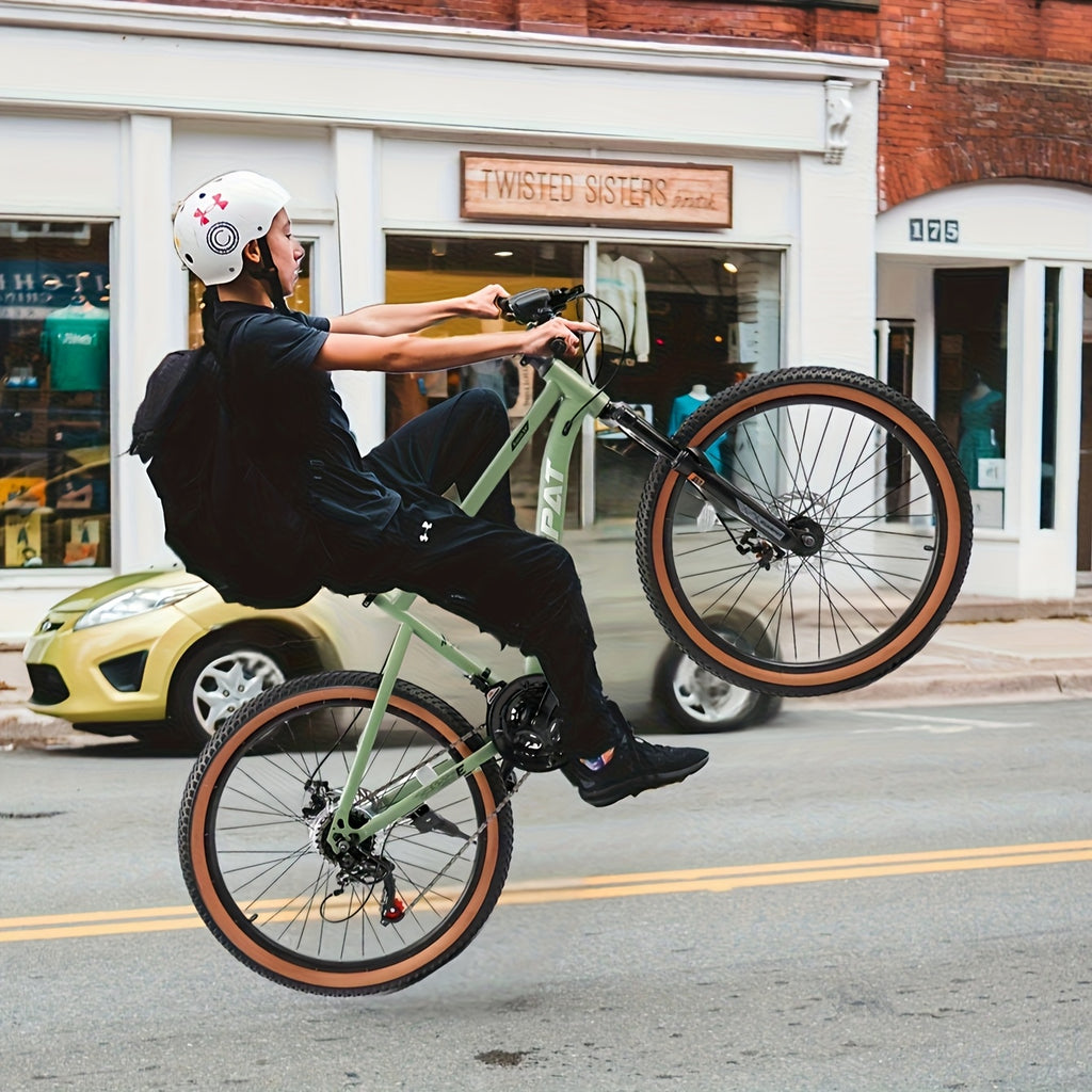 24-Inch Wheel Mountain Bike with 21 Speeds, Featuring Disc Brakes And a Thumb Shifter, Suitable for Men And Women for Trail, Commuting, And Various Terrains Including Snow And Beach, in Green Color