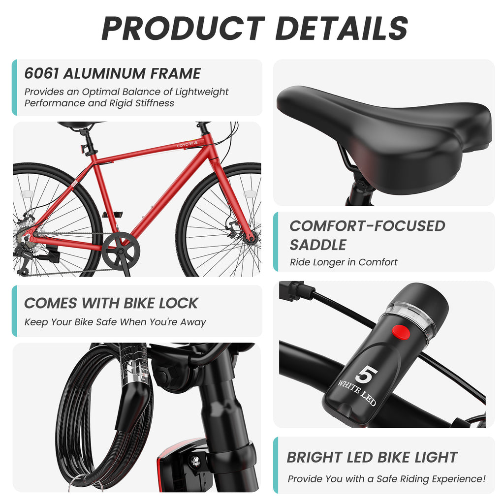 Hybrid Bike for Adults, 700C City Commuter Bicycle with Lightweight Aluminum Frame, 8-Speed Urban Fitness Road Bike for Men & Women, Dual Disc Brakes, Front and Rear Reflectors, LED Headlight
