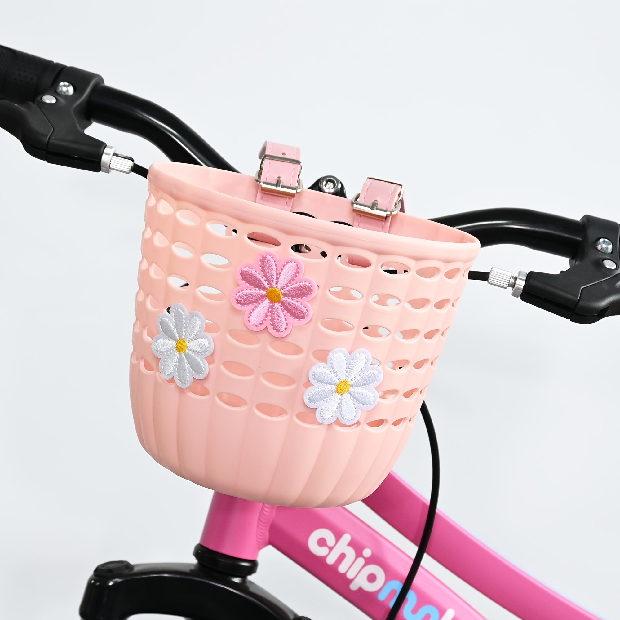 Plastic Front Basket for Bicycles, Secured with a Strap, Decorated with Flowers, Lightweight for Commuting, Suitable for Bicycles, Scooters, And Balance Bikes