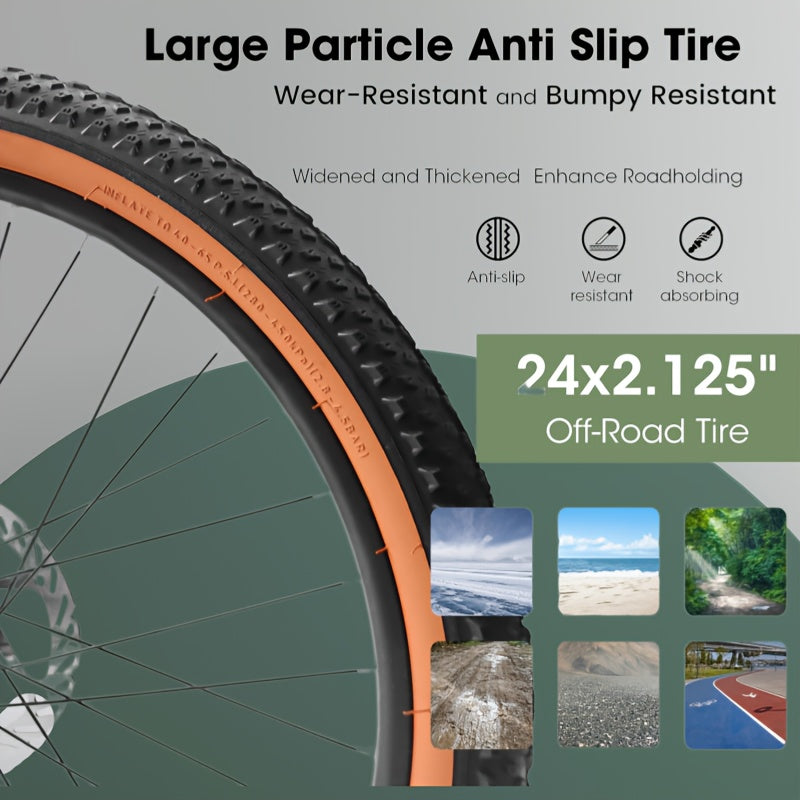 24-Inch Wheel Mountain Bike with 21 Speeds, Featuring Disc Brakes And a Thumb Shifter, Suitable for Men And Women for Trail, Commuting, And Various Terrains Including Snow And Beach, in Green Color