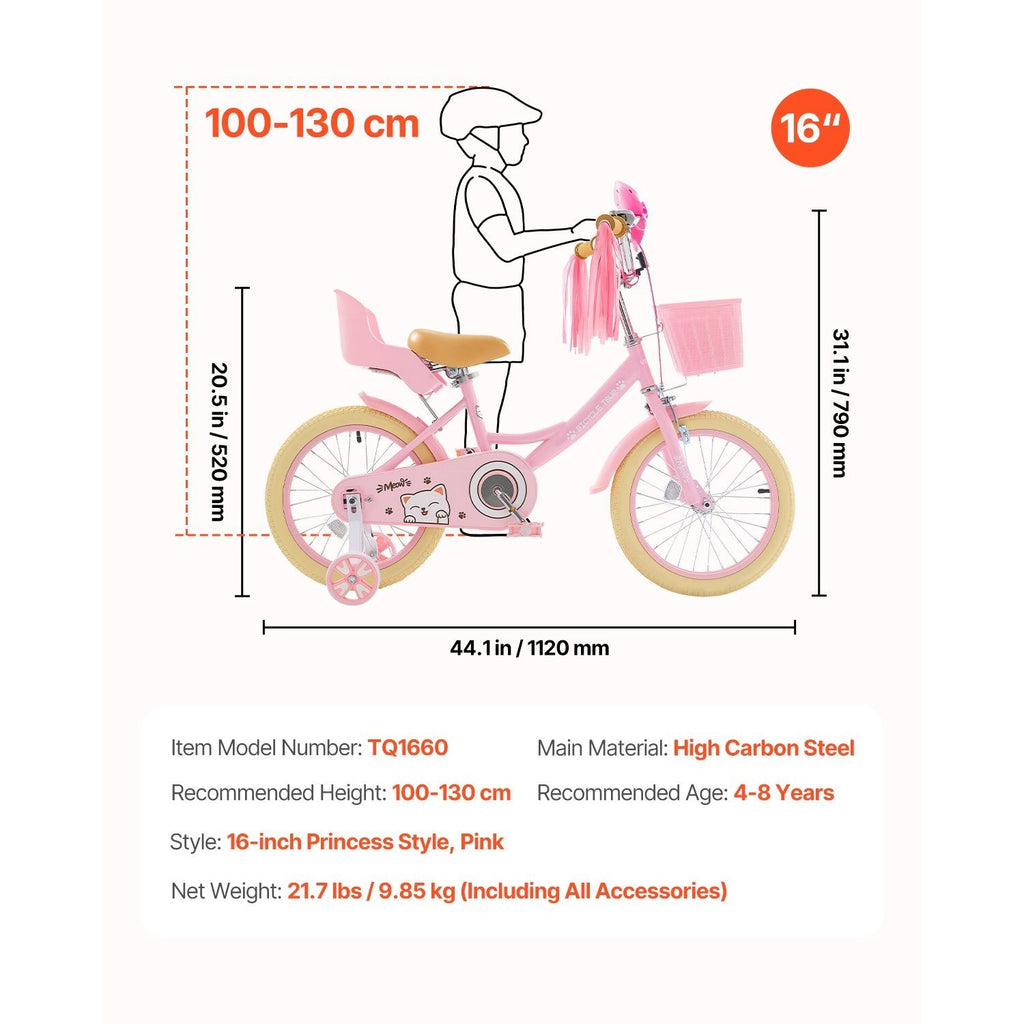 VEVOR Kids Bike 16 Inches Princess Style Children Bicycle for Girls Aged 4-8