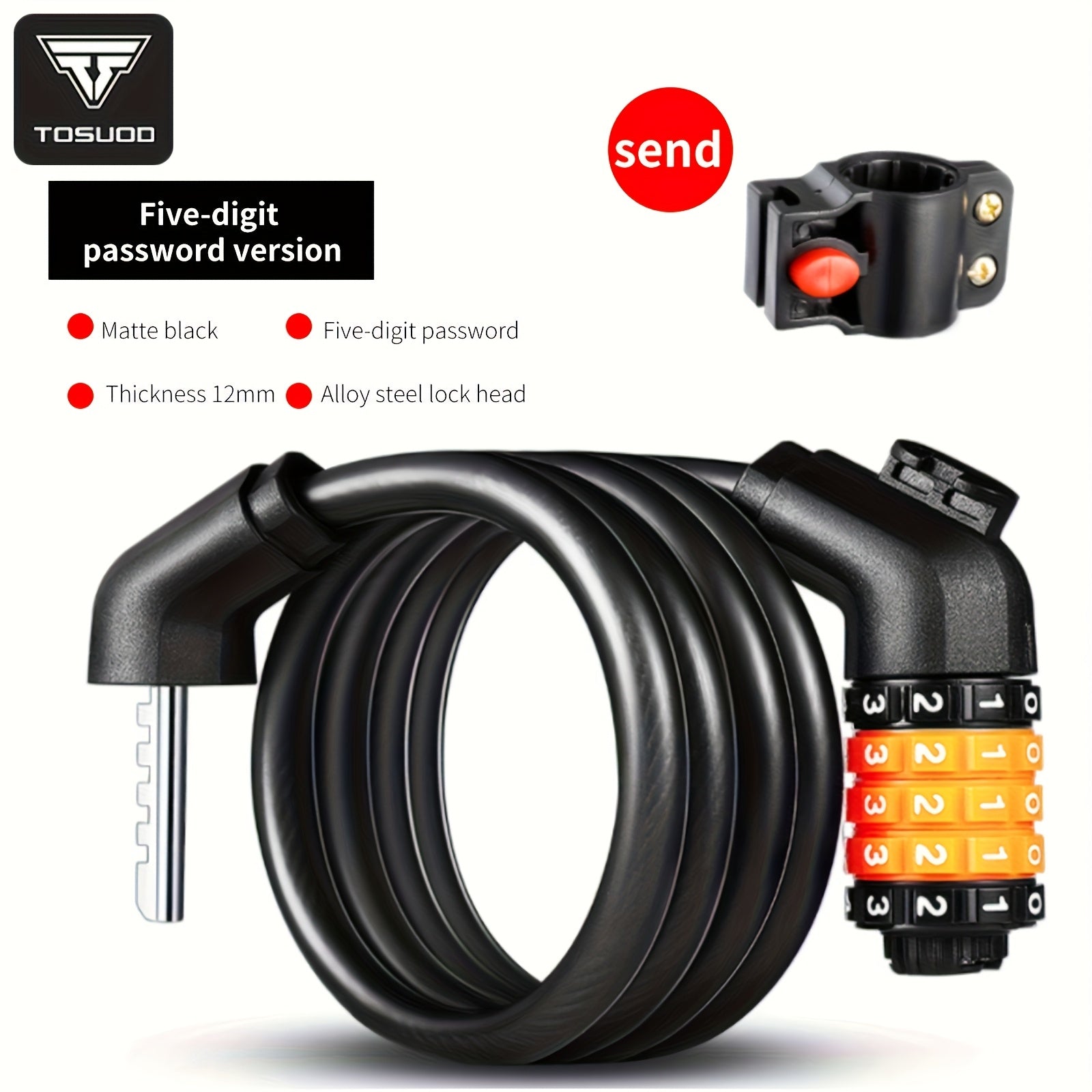 Heavy Duty Bike Chain Lock TOSUOD 5-Digit Combination Bike Lock | Heavy Duty, Anti-Theft Coiled Cable, 125cm\u002F150cm Chain, 4 Colors (Black\u002FRed\u002FGreen\u002FWhite) - Spiral Wire for E, Motorcycles, Scooters