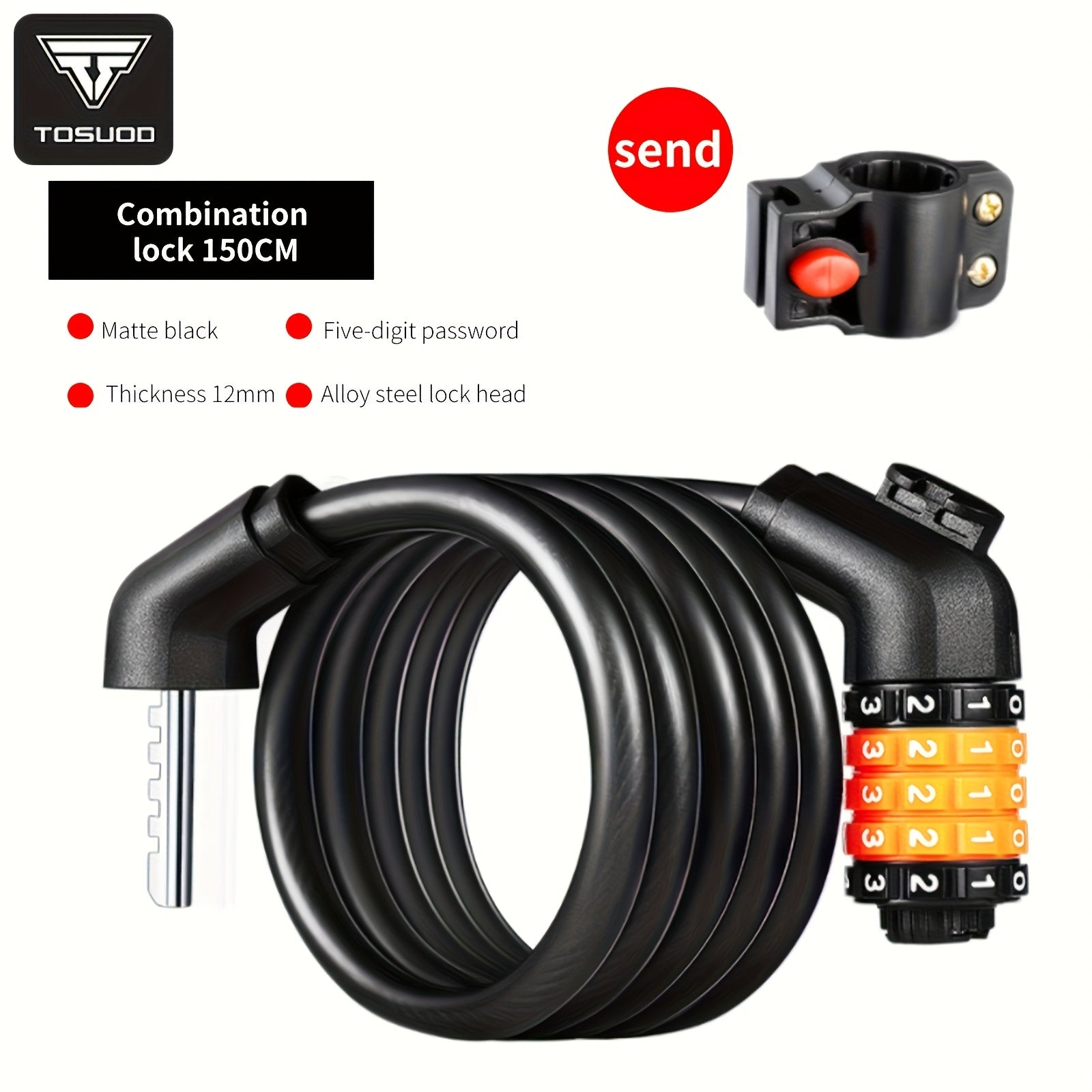 Heavy Duty Bike Chain Lock TOSUOD 5-Digit Combination Bike Lock | Heavy Duty, Anti-Theft Coiled Cable, 125cm\u002F150cm Chain, 4 Colors (Black\u002FRed\u002FGreen\u002FWhite) - Spiral Wire for E, Motorcycles, Scooters