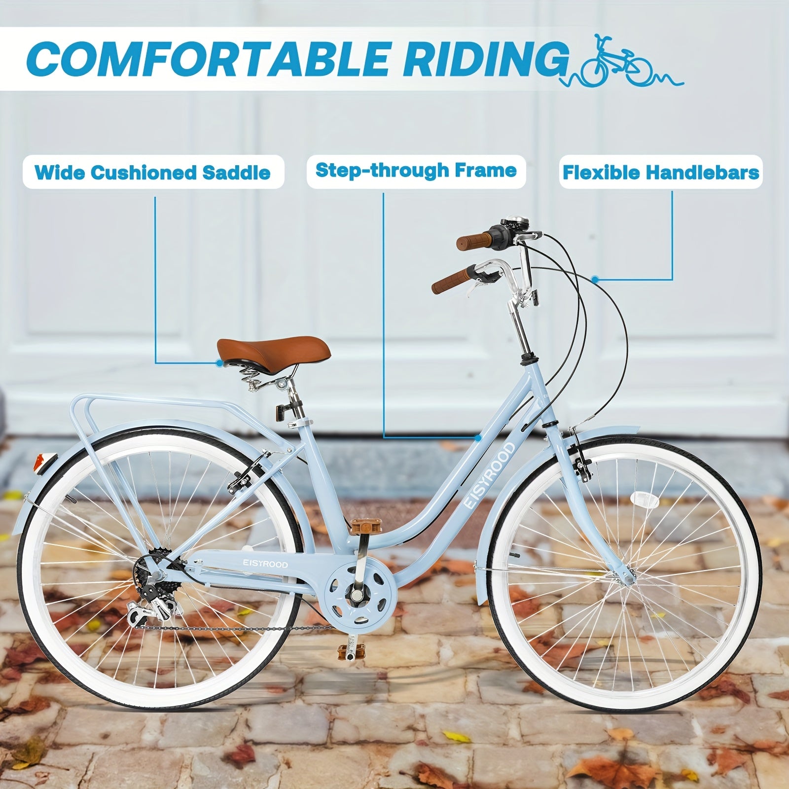 26-Inch Urban Beach Bicycle, Bicycle with Basket, 7-Speed Hybrid Commuter Bike Featuring Cushioning, V-Brakes, Quick Mount for Adults