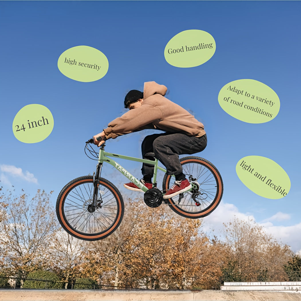 24-Inch Wheel Mountain Bike with 21 Speeds, Featuring Disc Brakes And a Thumb Shifter, Suitable for Men And Women for Trail, Commuting, And Various Terrains Including Snow And Beach, in Green Color