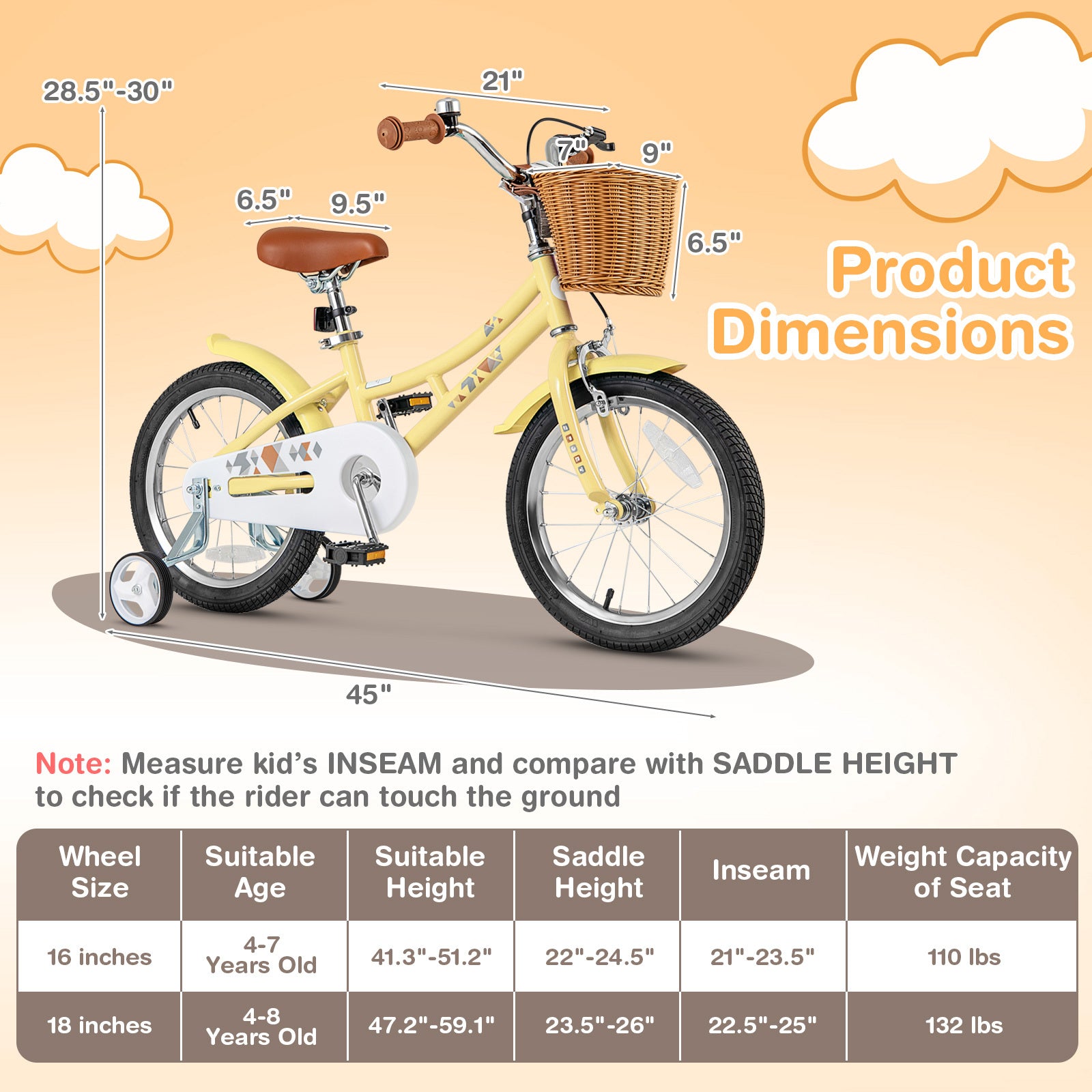 COSTWAY Kids Bike, 16 Inch Bicycle with Height Adjustable Handlebar & Seat, Basket, Bell, Training Wheels, Handbrake & Coaster Brake, Retro Style Girls Bike for Children 4-7 Years Old