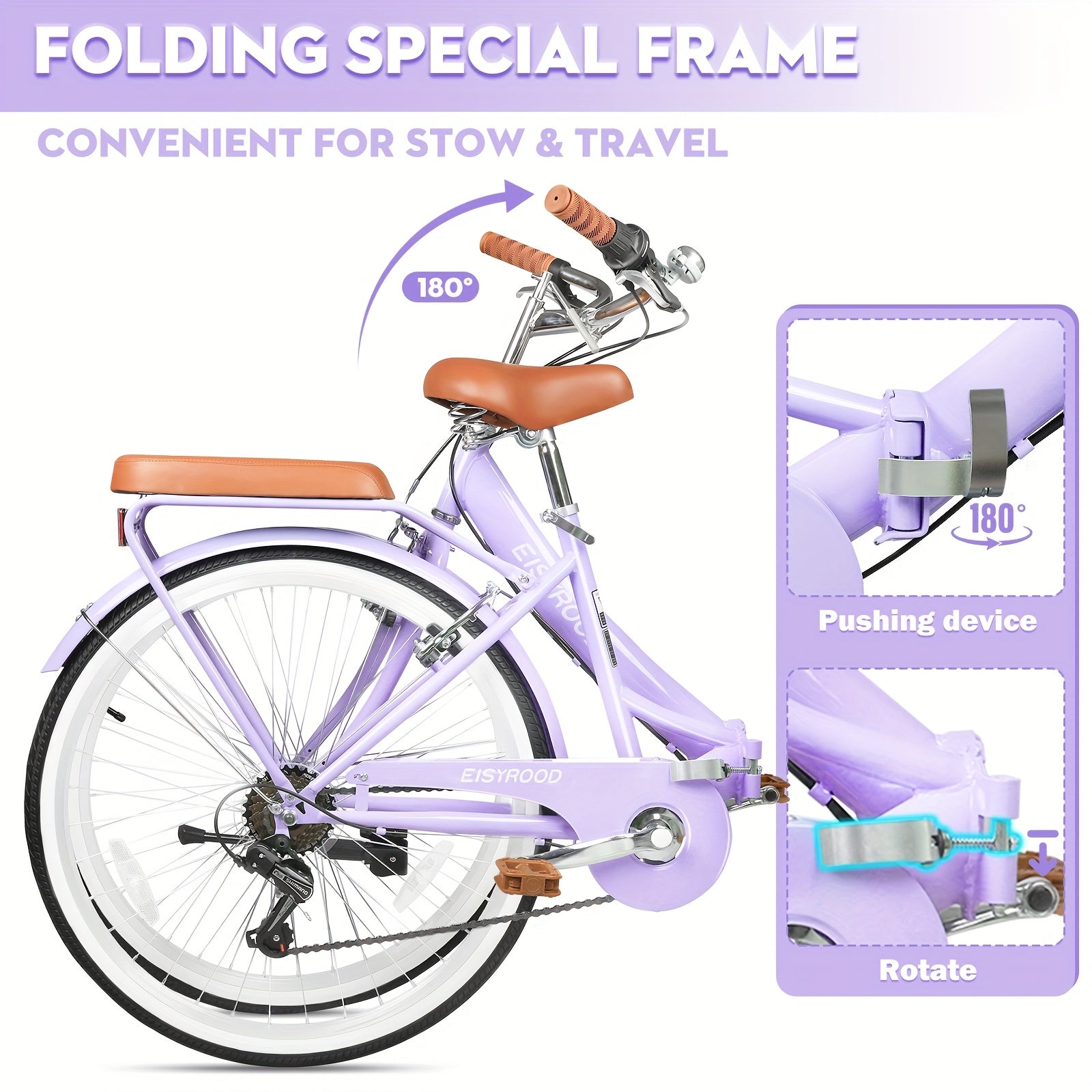26-Inch Collapsible Beach Bicycle, Bicycle Featuring a Basket, 7-Speed Hybrid Commuter Bikes with Cushion, V-Brakes, Easy Assembly for Adults