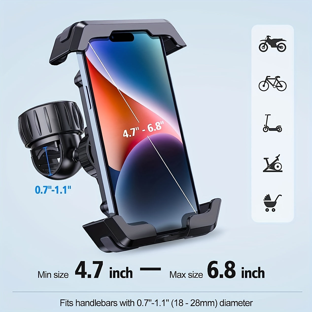 Upgraded Bike Phone Holder • Scooter Phone Holder • Motorcycle Phone Holder • Shockproof • One-Click Stable Locking • One-Hand Quick Release • 360° Rotatable • Matches 11.94-17.27cm Smartphones • For Electric Bicycles