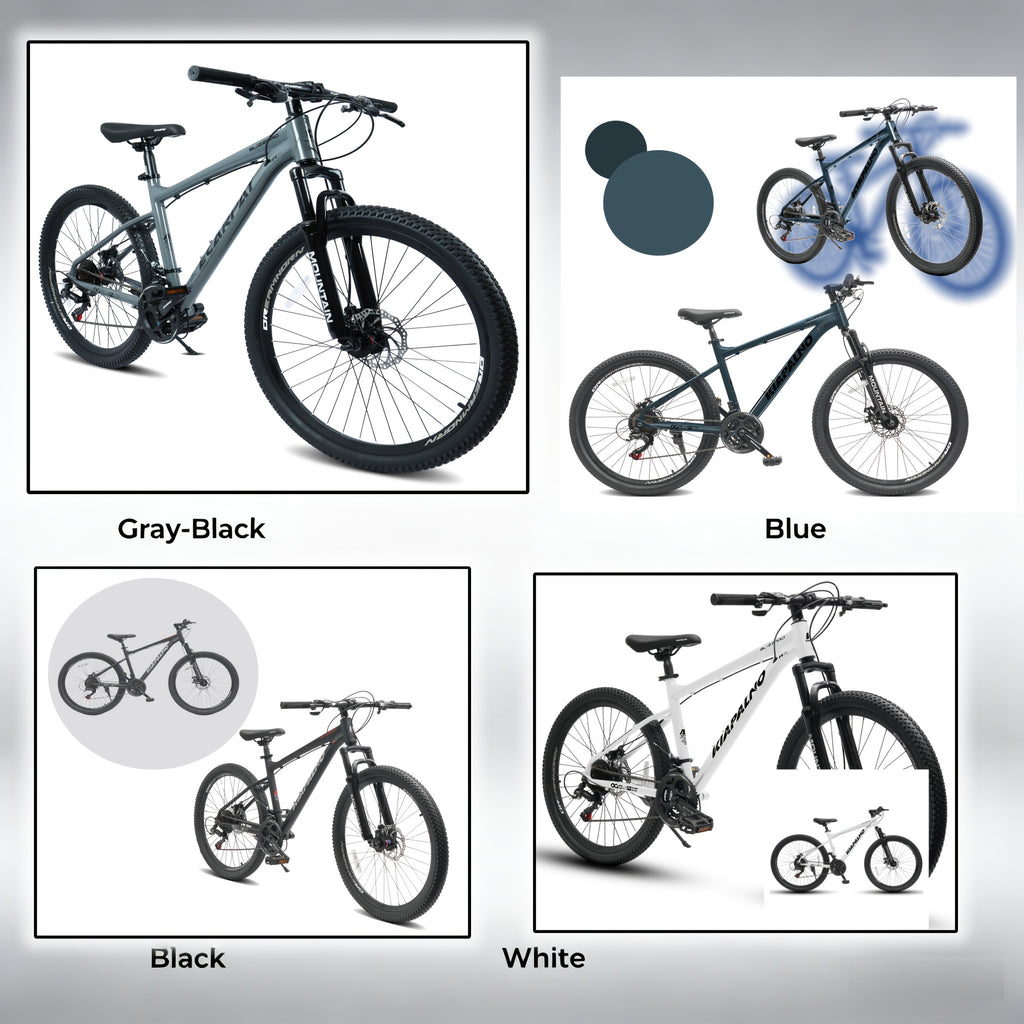 Grey-black, Blue, Black, White 26-inch All-terrain Mountain Bike, Equipped with a 21-speed Transmission System and Disc Brakes. Suitable for Both Men and Women, It Is an Ideal Choice for Mountain Biking and Long-distance Cycling. Available in Four